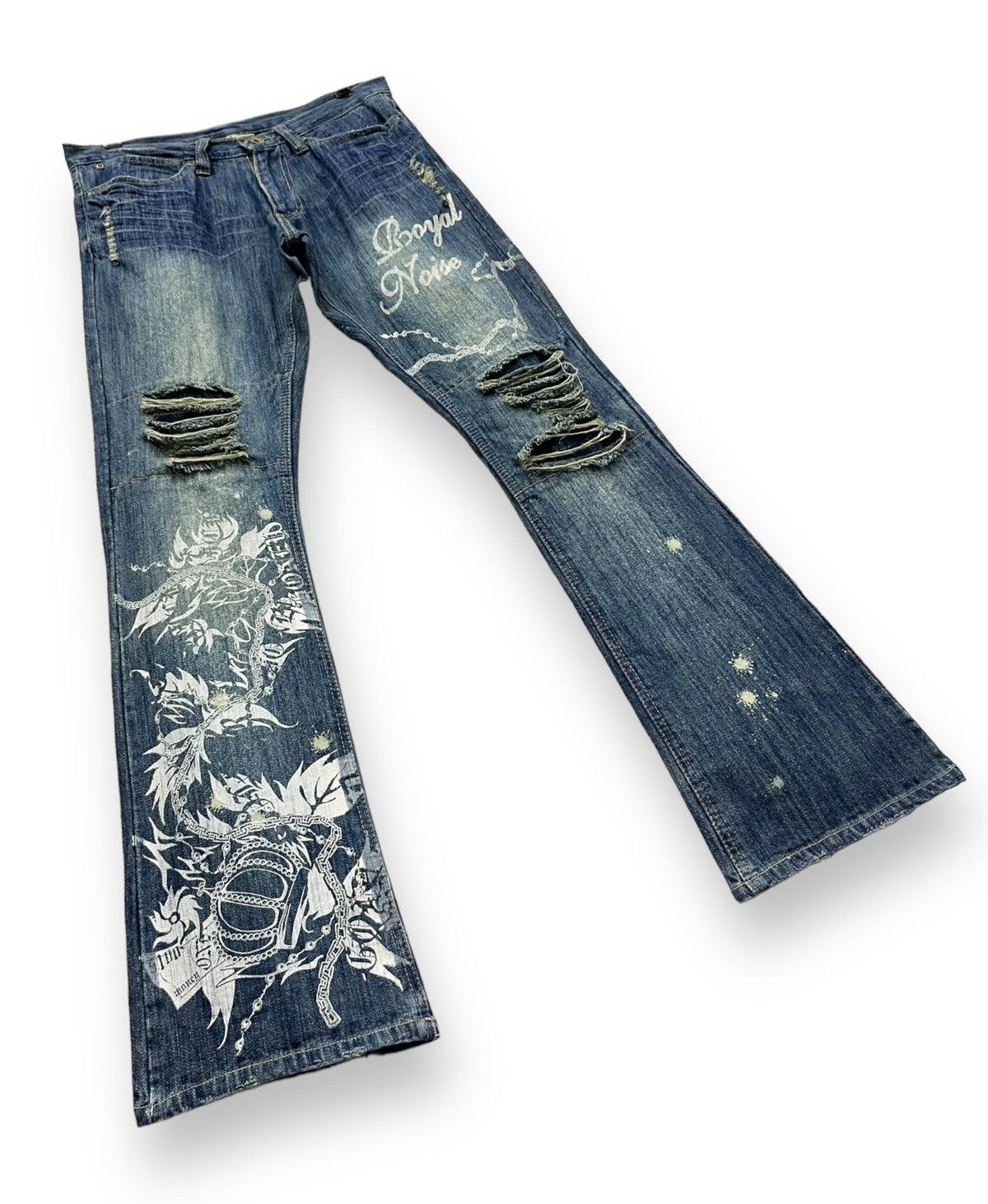 Guru FYE🔥GUMU INTERNATIONAL Punk Ripped Tribal Print Flare Denim Size 31" - 4 Thumbnail