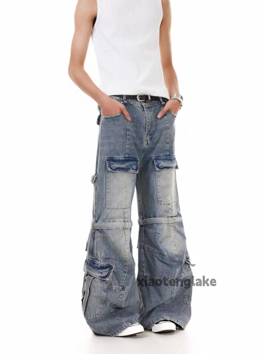 Jean Unisex washed faded loose baggy hiphop bootcut jeans Size US 32 / EU 48 - 3 Thumbnail
