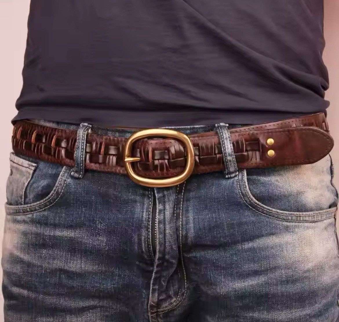 Handmade Leather Weave Copper Buckle Men's Belt