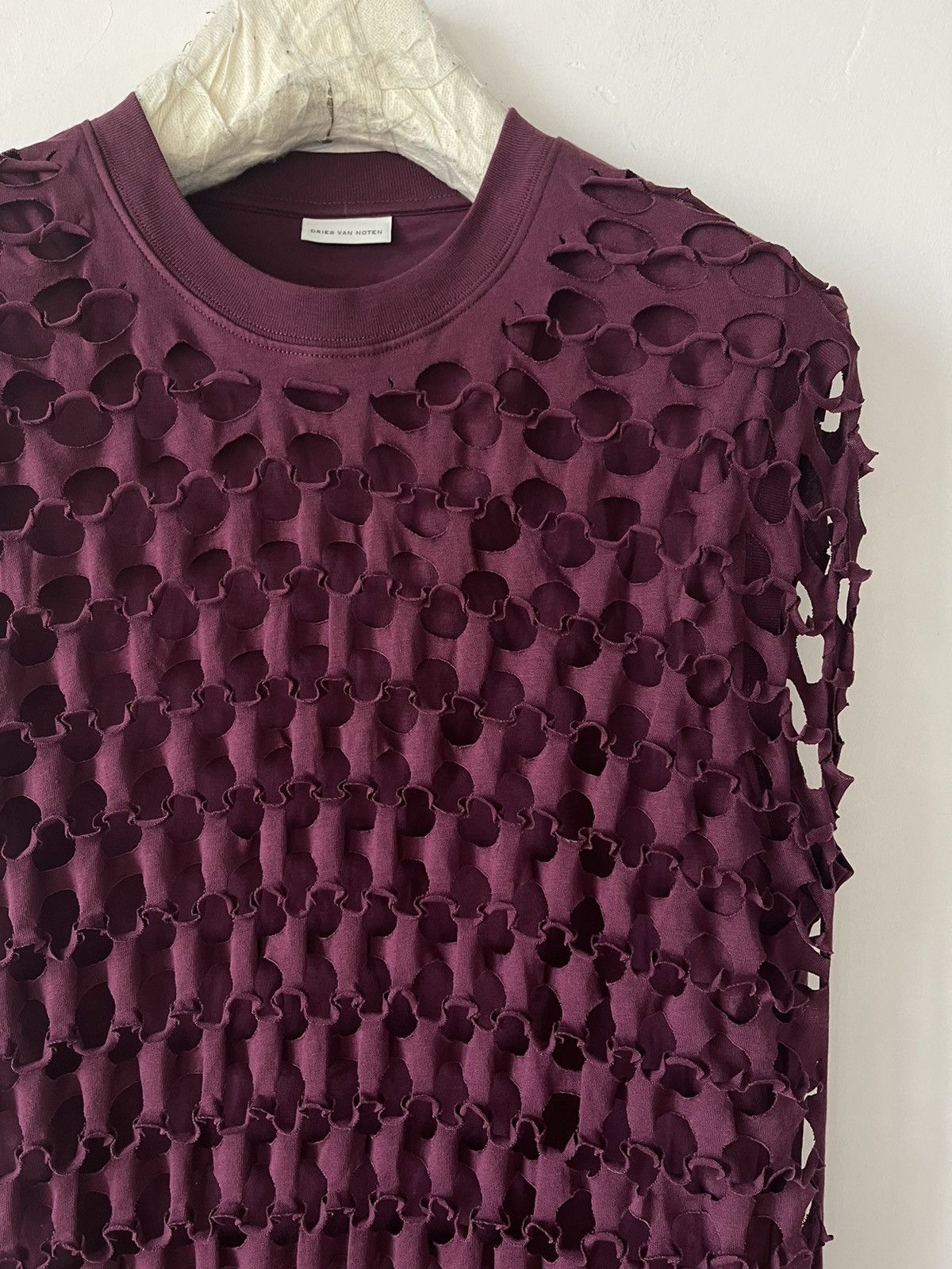 Dries Van Noten Burgundy Perforated Overlay T-Shirt Size US M / EU 48-50 / 2 - 4 Thumbnail