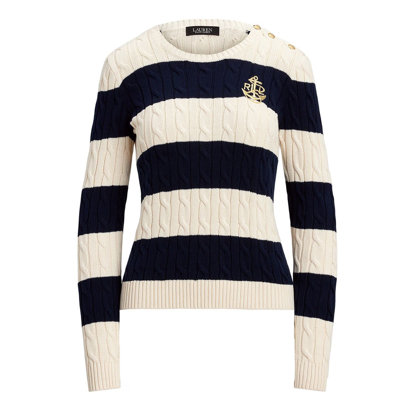 Lauren Ralph Lauren o1g2r1mq0825 Montiva Cable Knit Sweatshirt in Cream/Navy Size L / US 10 / IT 46 - 1 Thumbnail