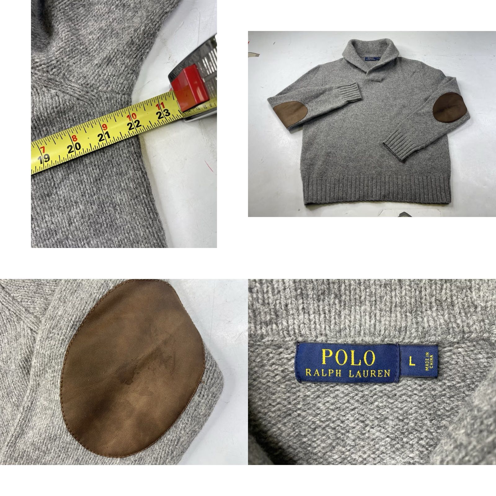Polo Ralph Lauren Polo Ralph Lauren Mens Large Gray Shawl Leather Elbow Patches Pullover Sweater Size US L / EU 52-54 / 3 - 8 Thumbnail