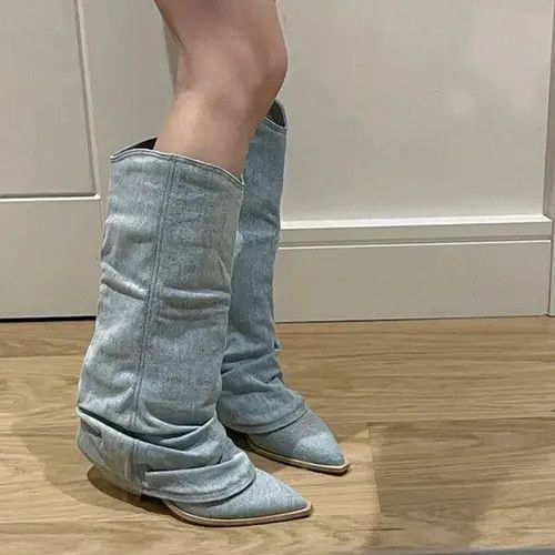 Blue Denim Thigh High Boots
