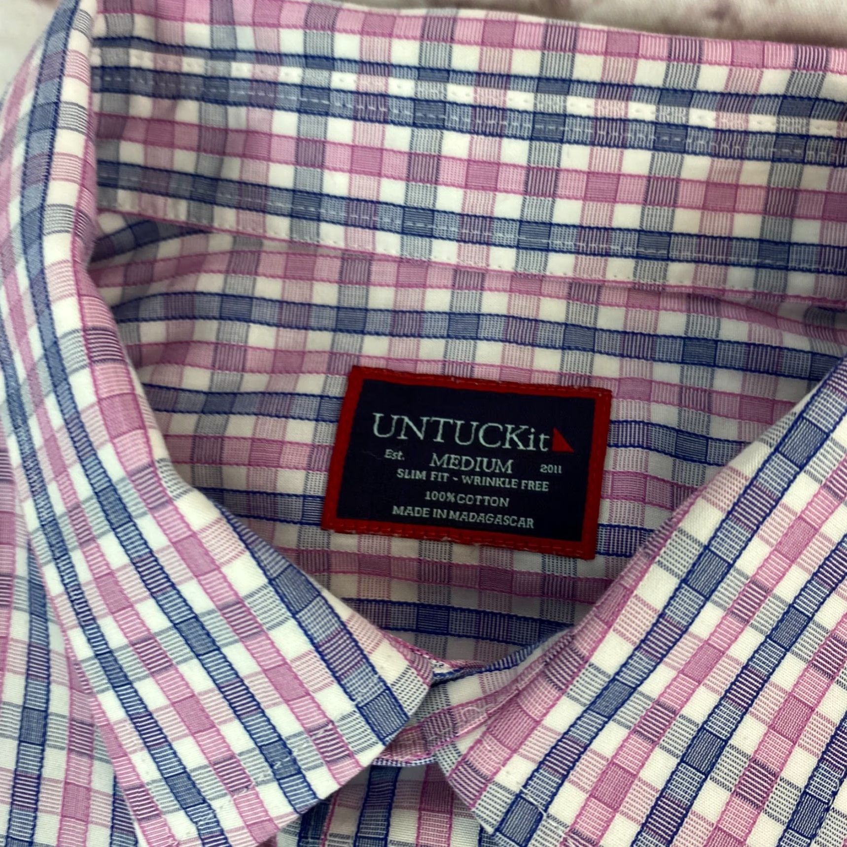 UNTUCKit UNTUCKit Button-Up Shirt Mens M Check Wrinkle Free Slim Fit Cotton Dolcetto Pink Blue White Size US M / EU 48-50 / 2 - 7 Thumbnail