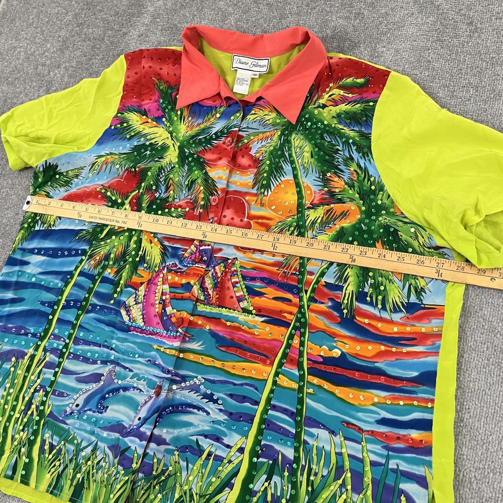 Vintage Diane Gilman Button Up Shirt Womens 3X Sequin Hawaiian Tropical Silk Top Blouse Shirt Size XXL / US 16-18 / IT 52-54 - 4 Thumbnail