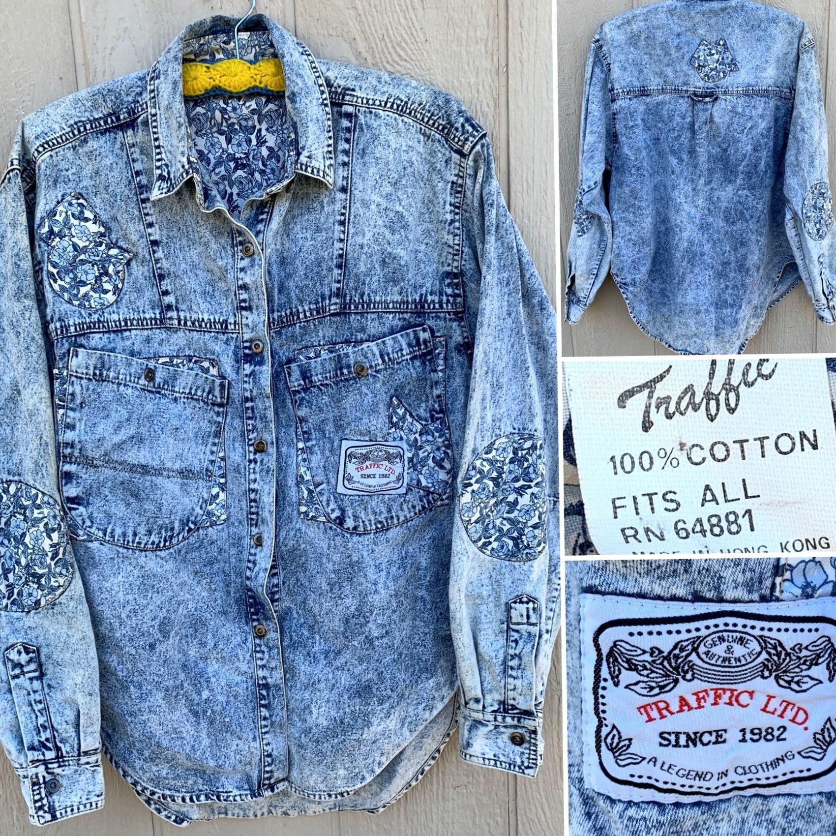 Denime VINTAGE Traffic Acid Wash Denim Shirt Patchwork Elbow Patches One Size 80s 90s Blue Denim Shirt Womens/ mens Size ONE SIZE - 2 Thumbnail