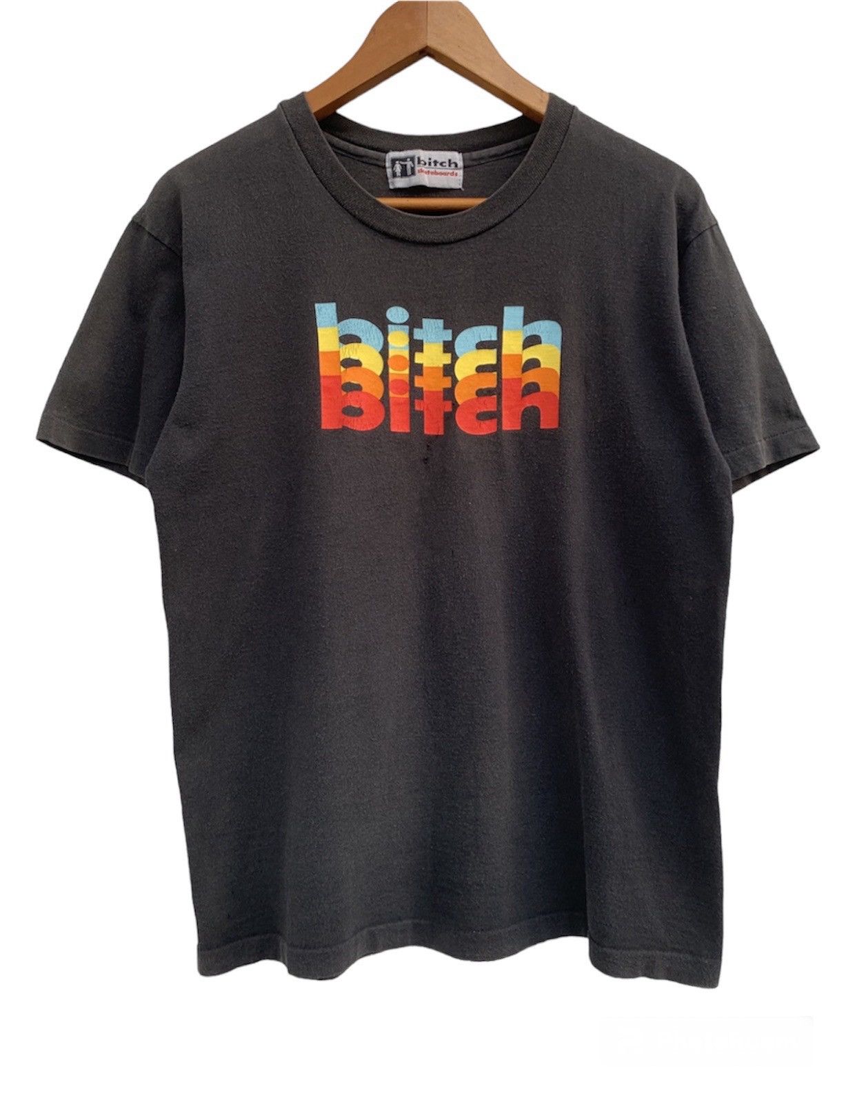 image of Hook Ups x Shortys Skateboards Vintage 90's Bitch Skateboard Multicolour Logo Skate Tee in Black (S