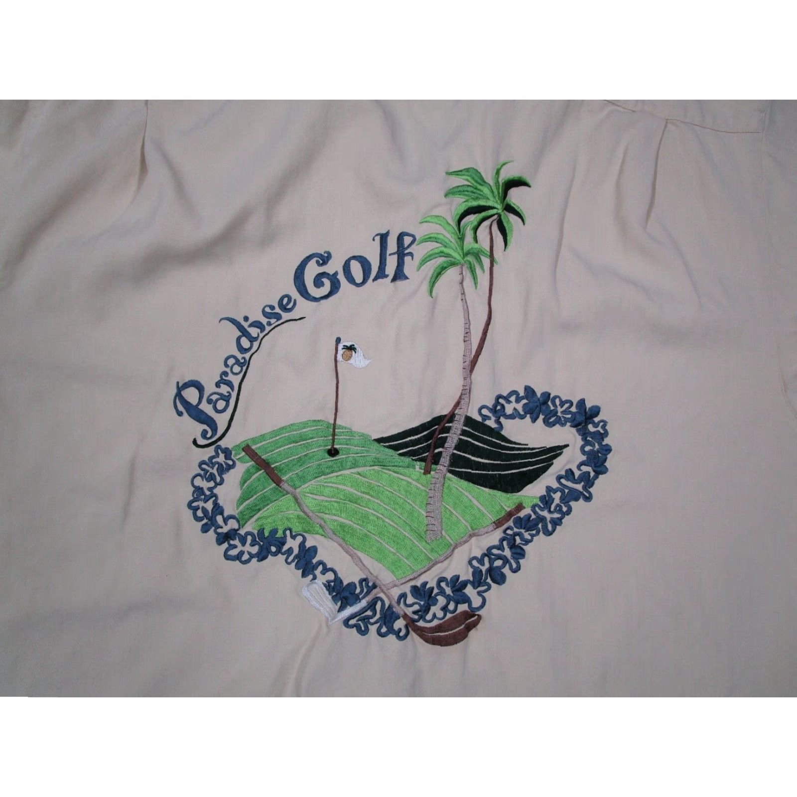 Paradise Kahala Mens Large Beige Silk Button Up Short Sleeve Hawaiian Shirt Paradise Golf Embroidered Tropical Beach Size US L / EU 52-54 / 3 - 4 Thumbnail