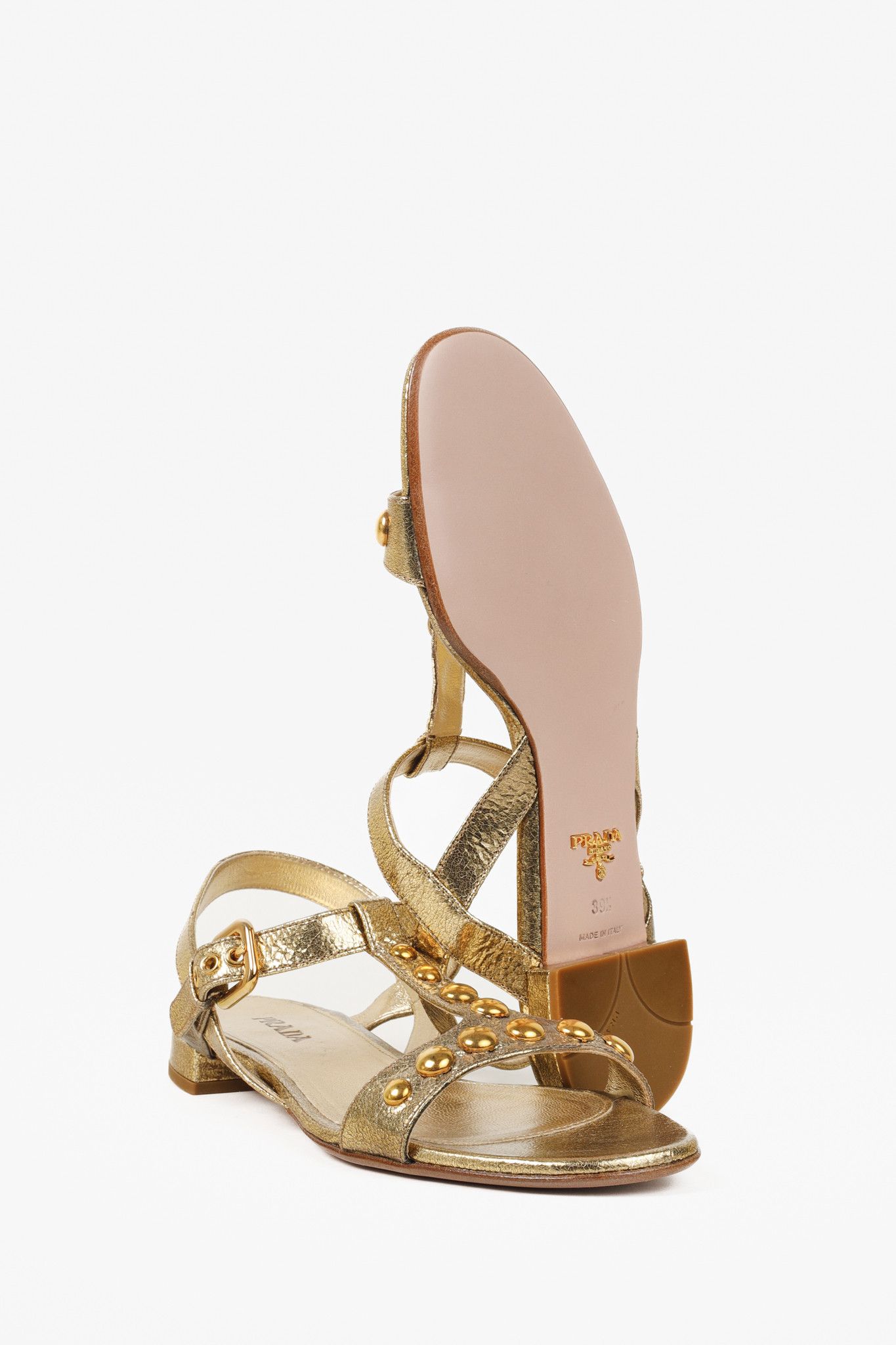Prada Prada Gold Metallic Studded Flat Sandals Size US 9 / IT 39 - 4 Thumbnail