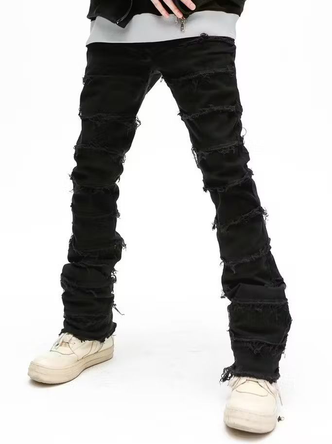 Image of Mens High Street Retro Ripped Pants Oversize Denim Trousers in Black (Size 33)