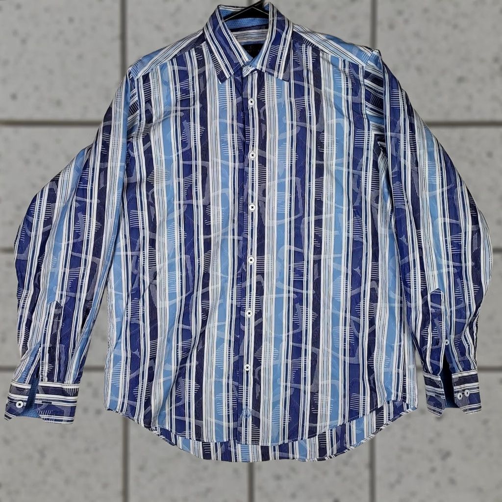 BUGATCHI Bugatchi Striped Dress Shirt Mens Small Blue White Button-Down Long Sleeve Size 36R - 1 Thumbnail