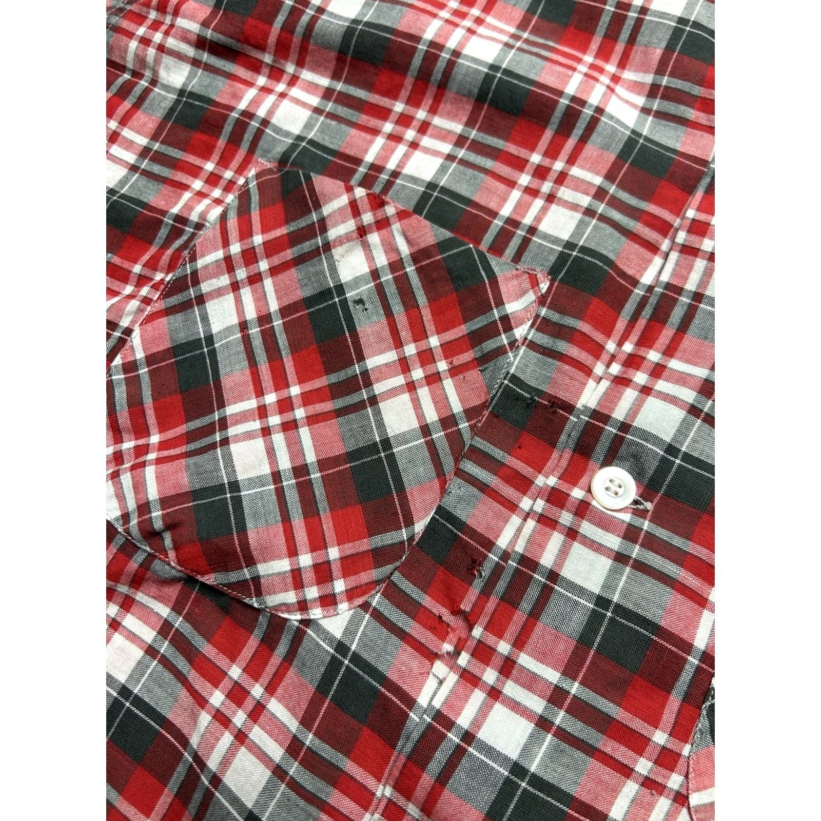 FRED VINTAGE 1960s Long Sleeve Button Shirt Cotton Plaid Distressed Red Black Large Mens Shirt Size US L / EU 52-54 / 3 - 5 Thumbnail