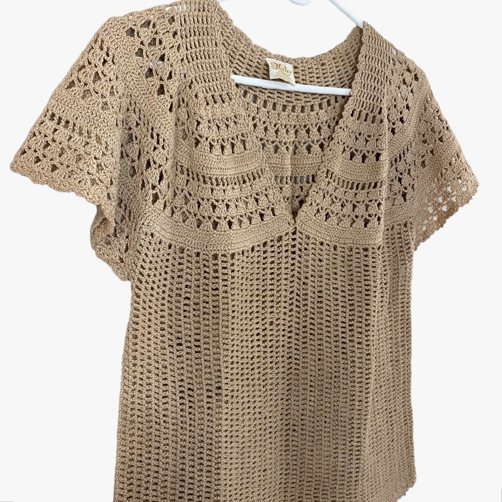 Vintage VINTAGE Flair Boho Crochet Knit V-Neck Blouse Womens Medium Short Sleeve Top Tan Beige Cotton Size M / US 6-8 / IT 42-44 - 4 Thumbnail