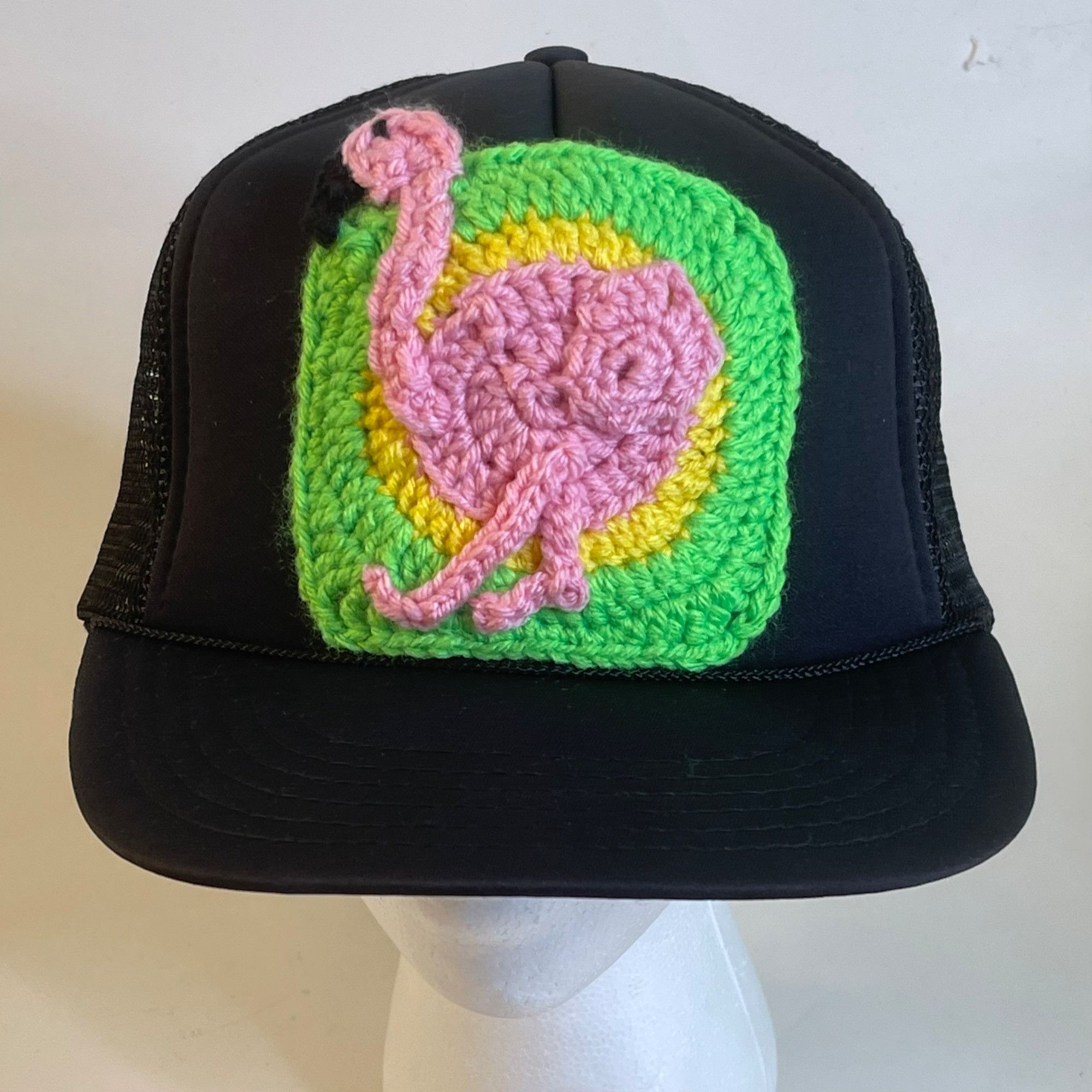 Handmade Trucker Hat w/ Crochet Flamingo Granny Square Style Adjustab Size ONE SIZE - 4 Thumbnail
