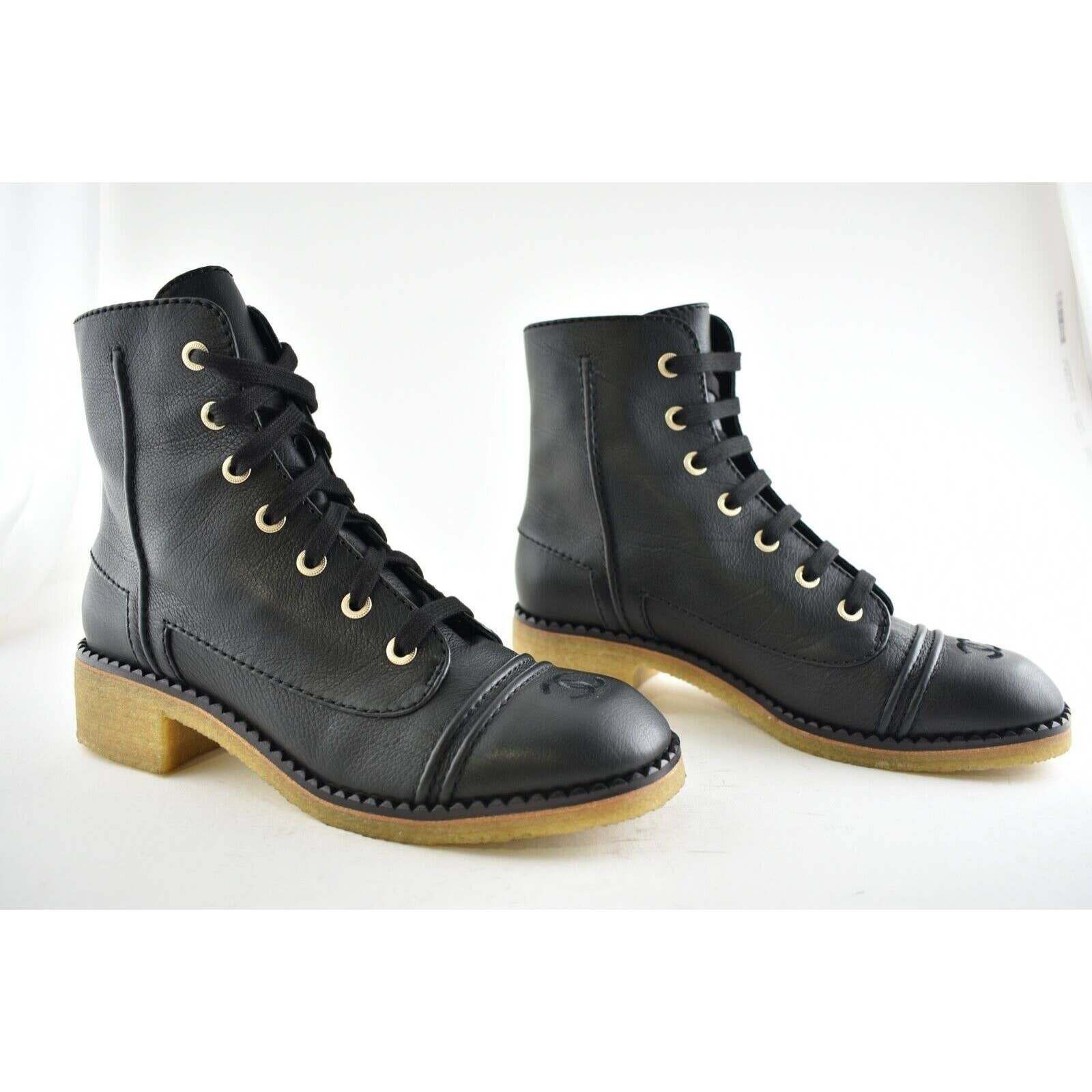 Chanel Chanel 20P Black Calfskin Leather CC Combat Lace Up Biker Size US 7.5 / IT 37.5 - 3 Thumbnail