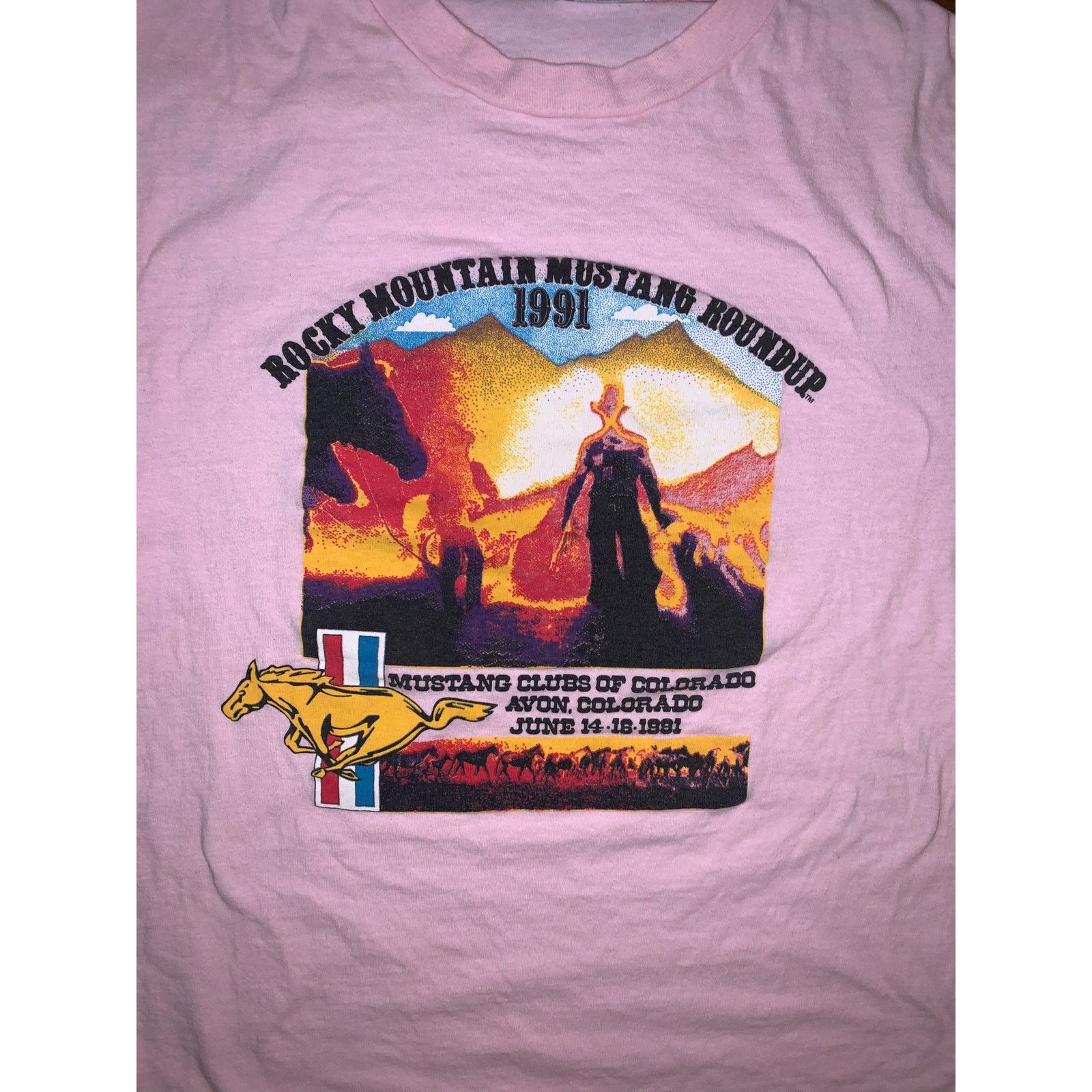 Hanes × Vintage Vintage 1991 Mustang Roundup T Shirt Pink XL Single Stitch Size US XL / EU 56 / 4 - 1 Thumbnail