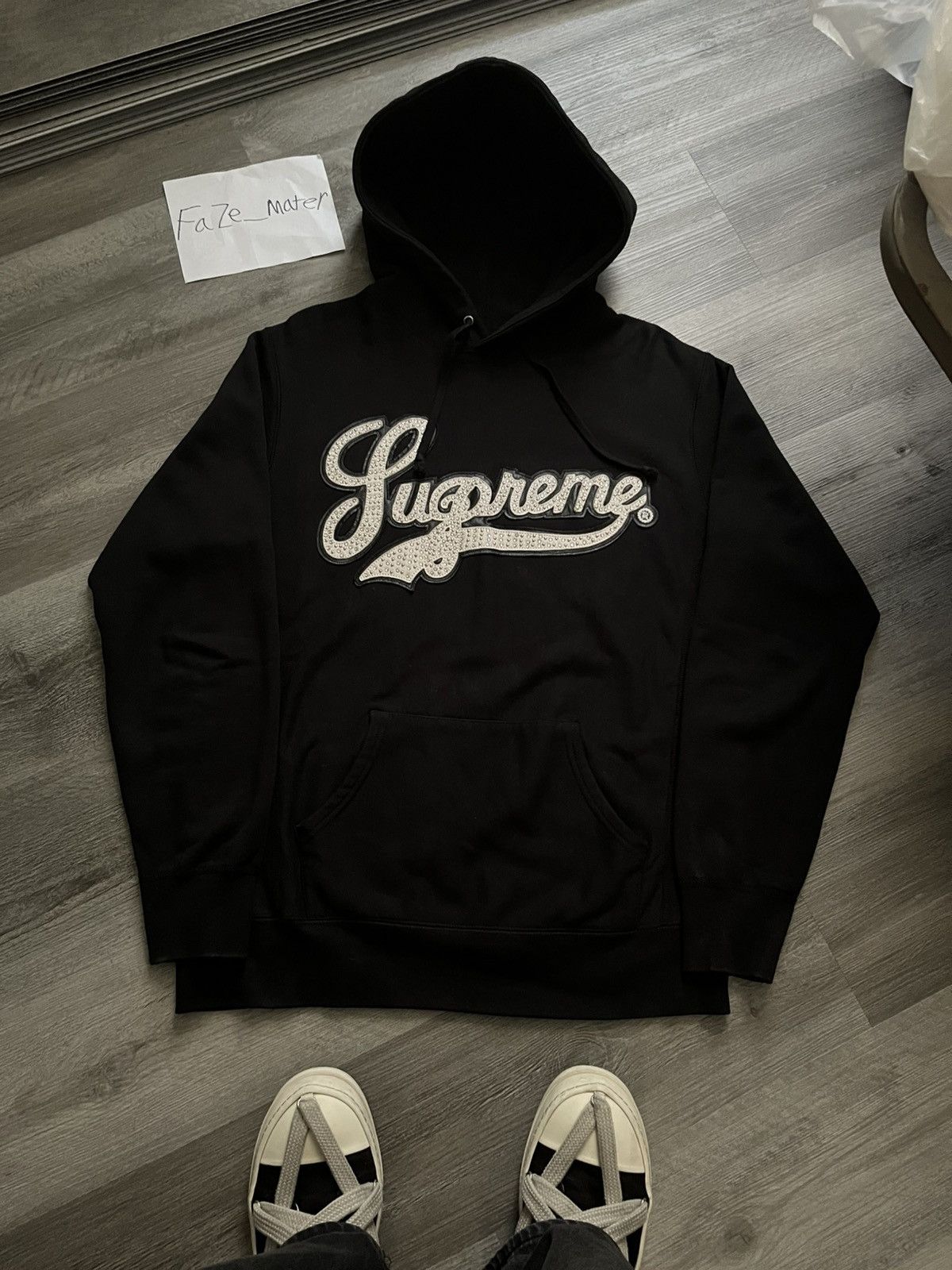 Supreme studded leather script hooded sweatshirt ss16