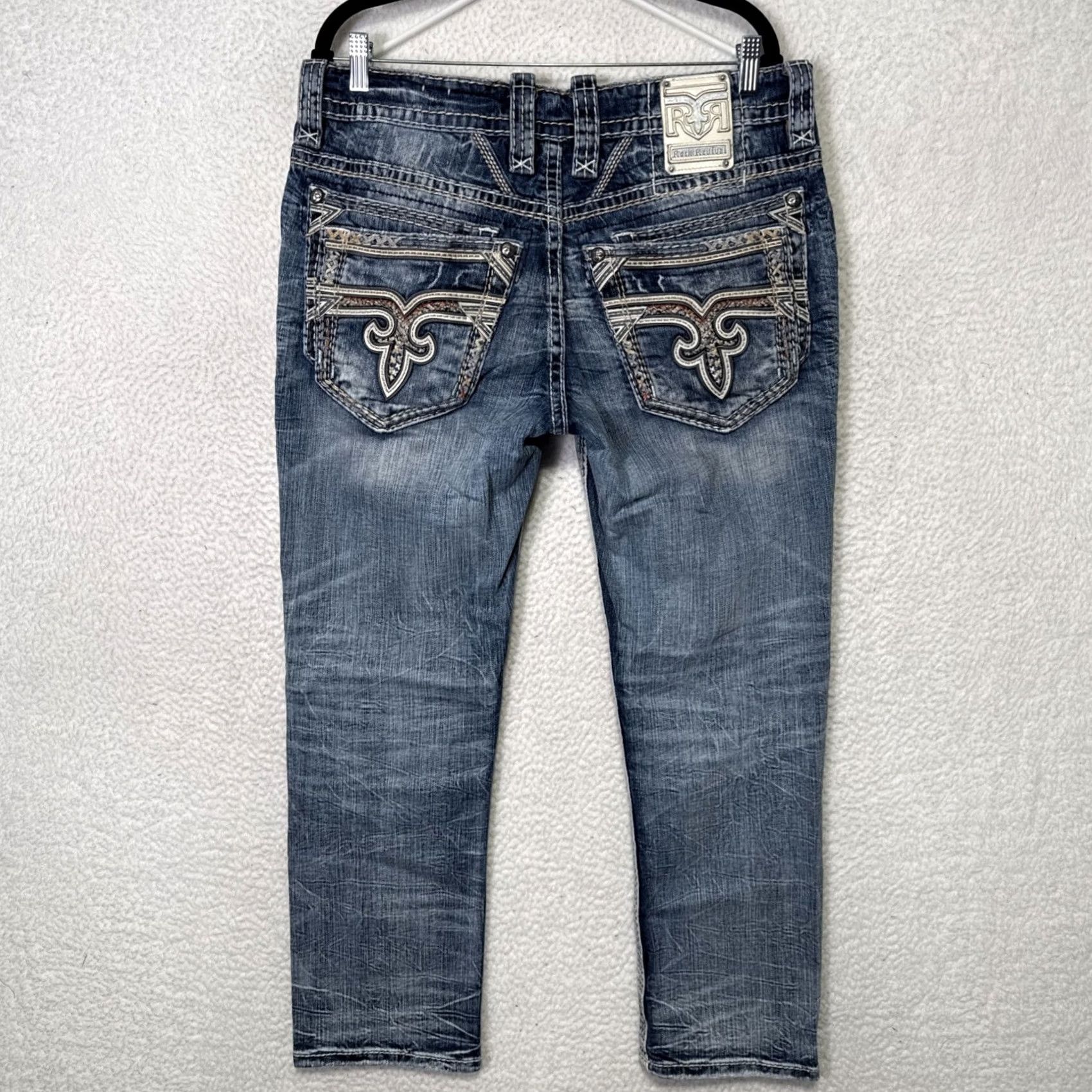 Vintage Rock Revival Jeans Mens 36 X28 Rock Revival Jeans Casual Straight Leg Denim Cotton Blend 5-Pocket Embroidered Logo Distressed Vintage: No Mens Size US 36 / EU 52 - 5 Thumbnail