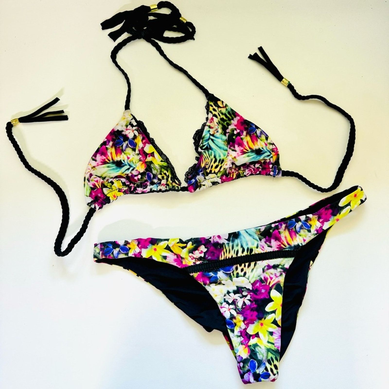 Anthropologie BEACH BUNNY Black Pink Floral Print Reversible Strap Bikini Size ONE SIZE - 1 Thumbnail