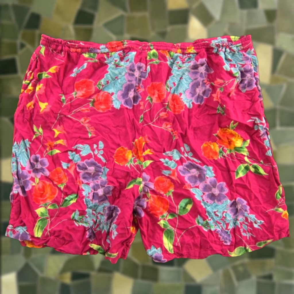 Pinko VINTAGE LA CERA 100% Rayon Pink Green Purple Blue Floral Pocket Tie Casual Shorts Women 2X Size 40" / US 18 - 1 Thumbnail
