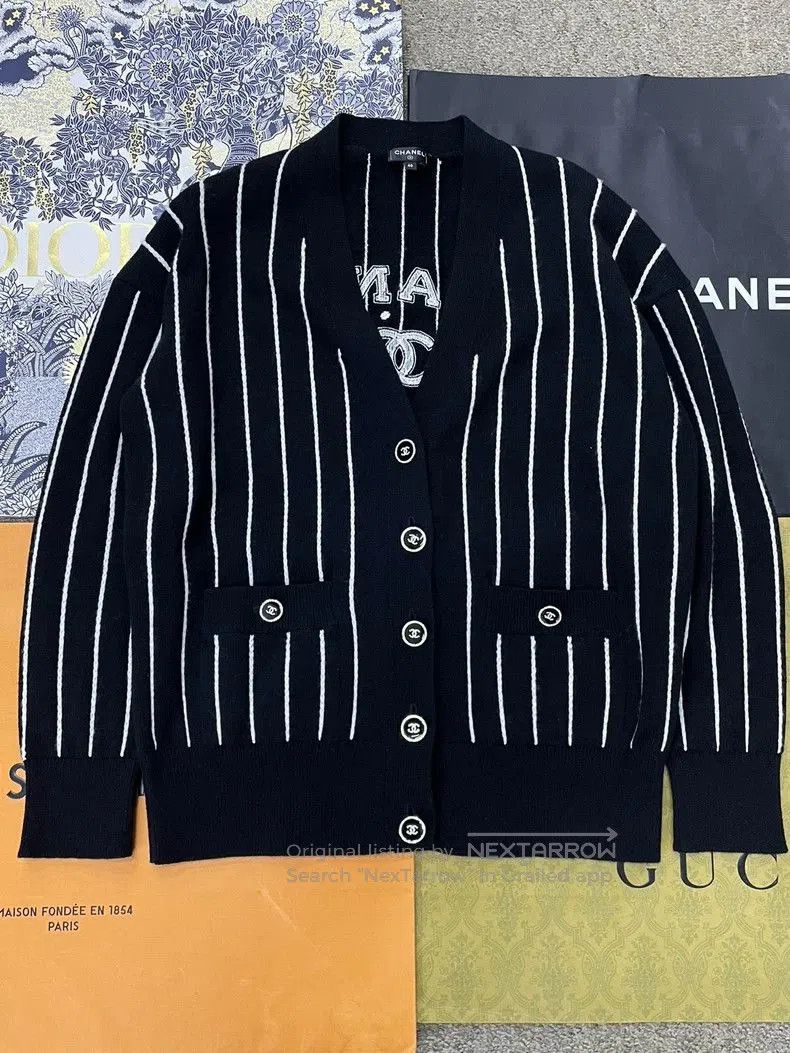 Chanel 23P Black and White Striped Cashmere Cardigan.