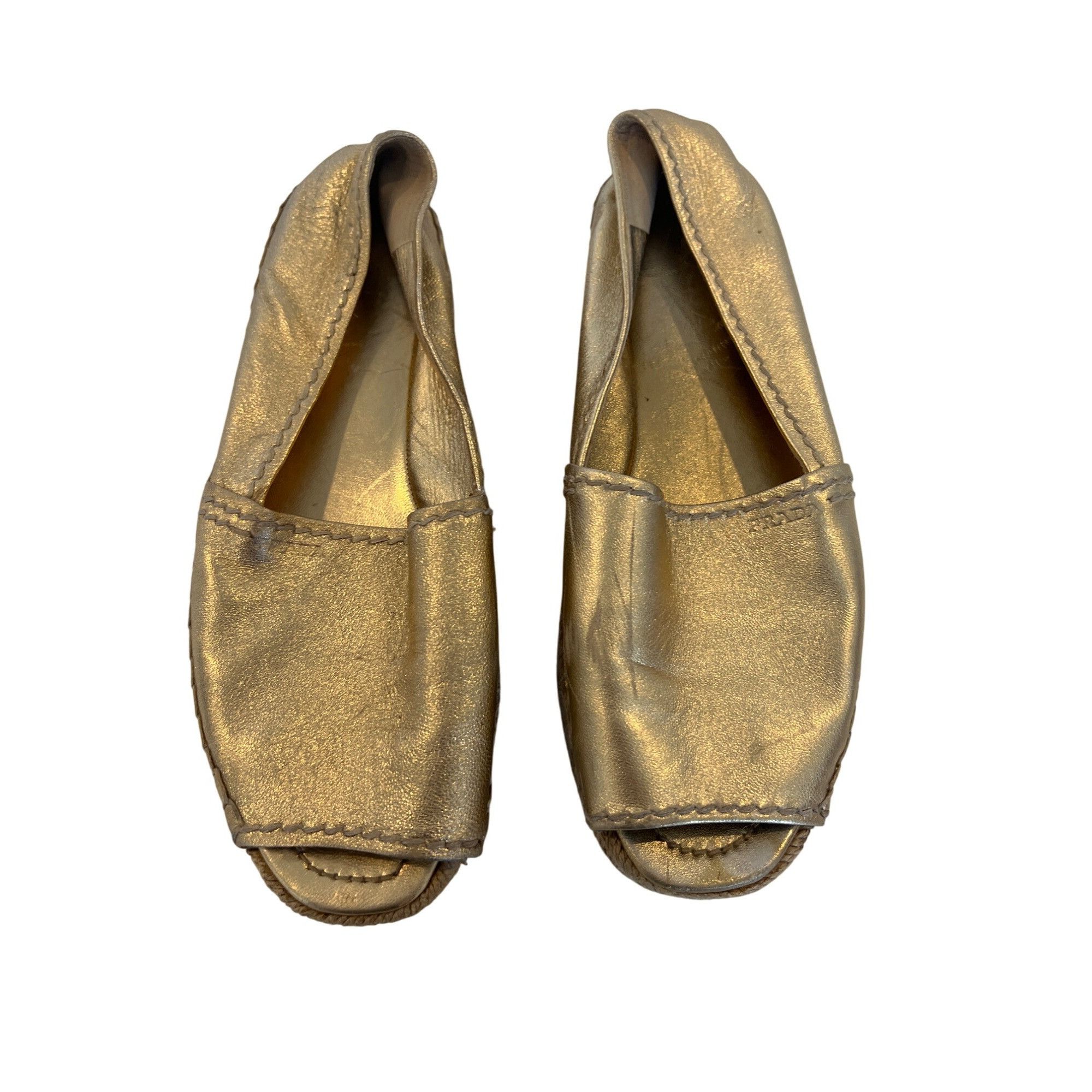 Prada Prada Gold Metallic Peep-Toe Espadrilles Size US 7.5 / IT 37.5 - 9 Thumbnail