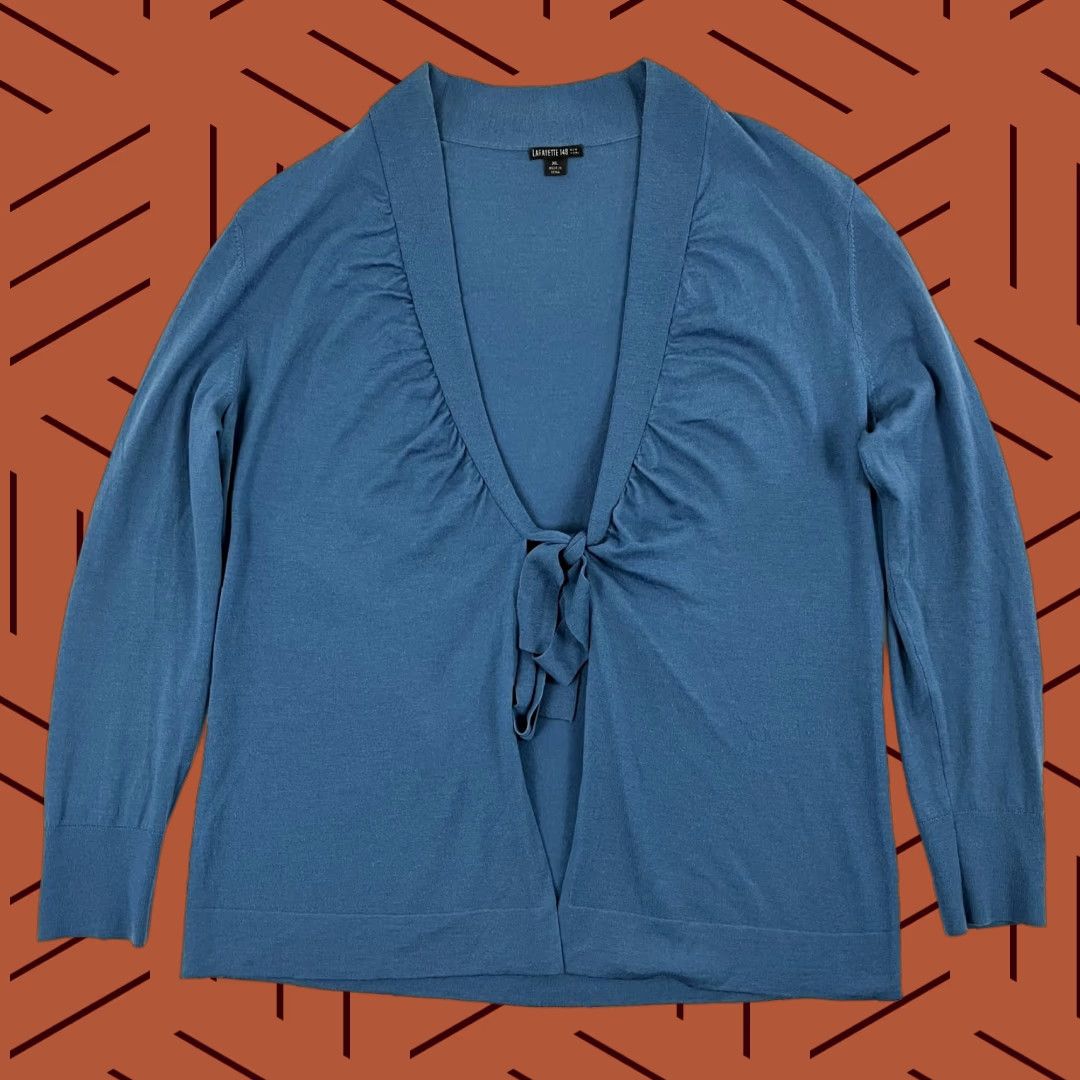 Vintage Lafayette 148 NY Sweater Women XL Blue Super 120s Wool Tie Front Pullover Preppy Womens Size XL / US 12-14 / IT 48-50 - 1 Thumbnail