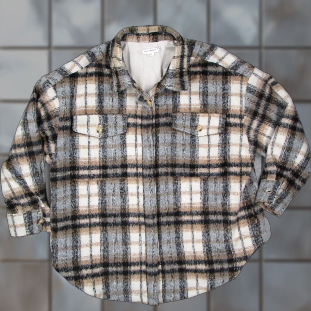 Good American Good American Jacket Women Size 3 Gray Oversized Wool Blend Shacket Plaid Button Up Women Size XS / US 0-2 / IT 36-38 - 1 Thumbnail