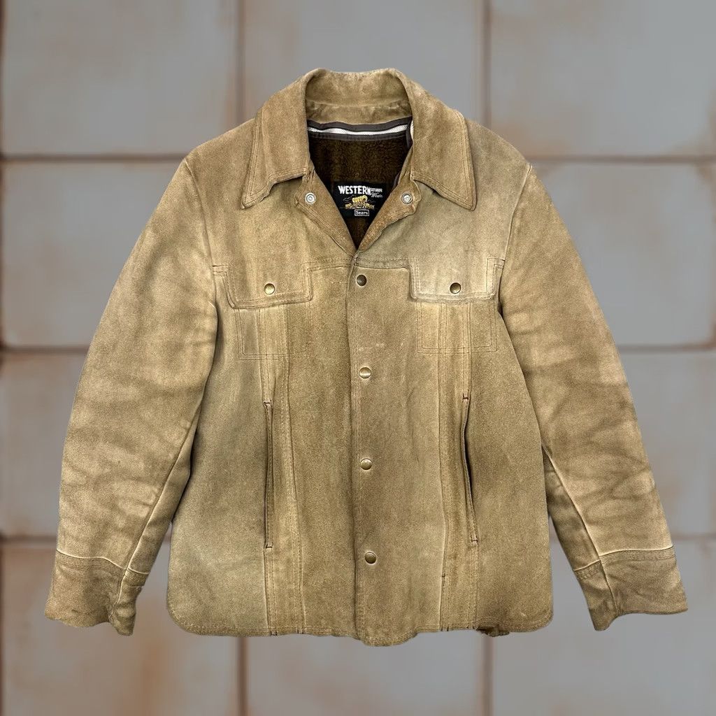 Sears VINTAGE Sears Jacket Mens Size 38 Brown Leather Suede Snap Button Western Workwear 80s 70s Size US XXS / EU 40 - 1 Thumbnail