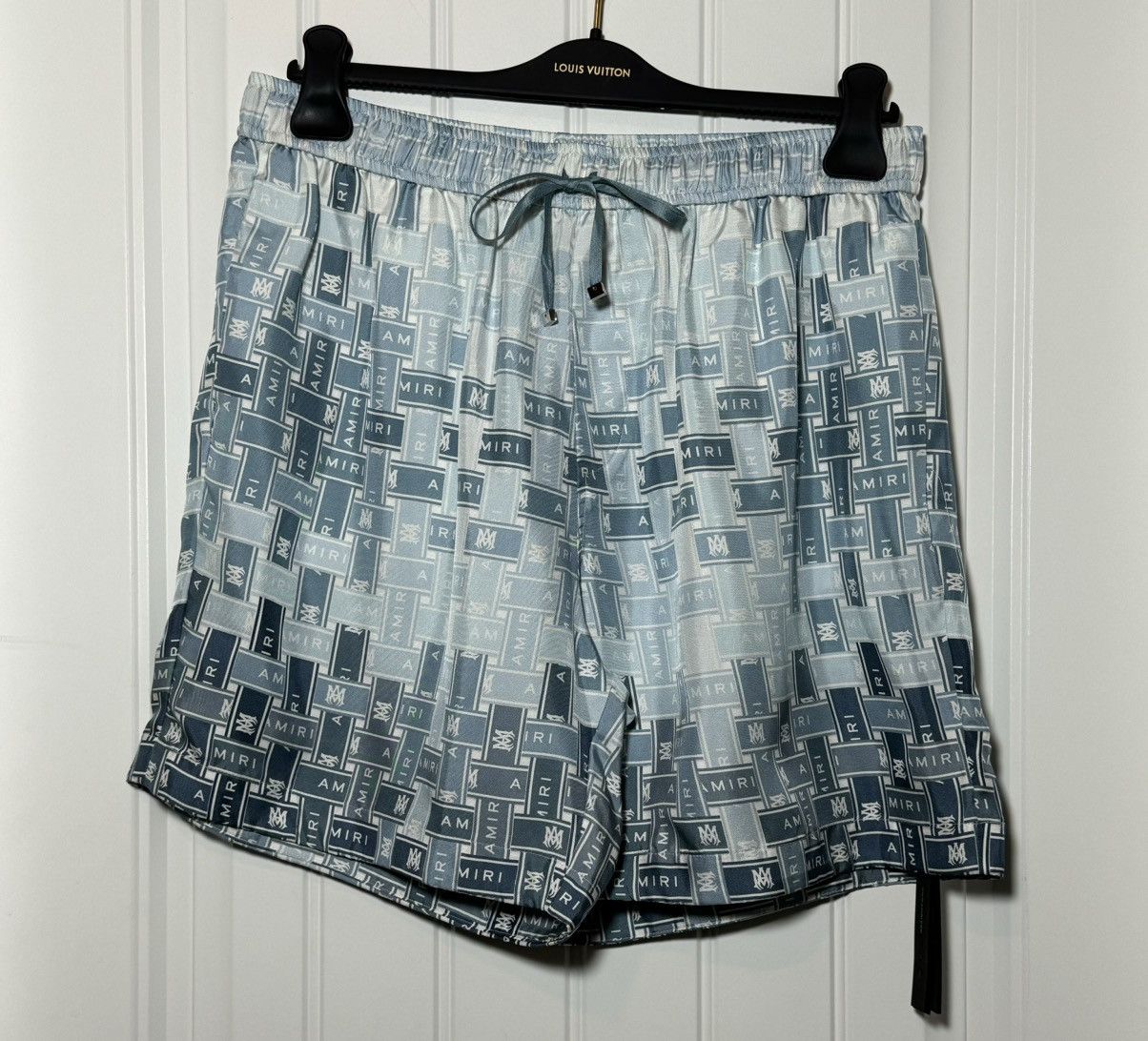 image of Amiri NWT Logo Print Silk Shorts in Blue, Men's (Size 40)