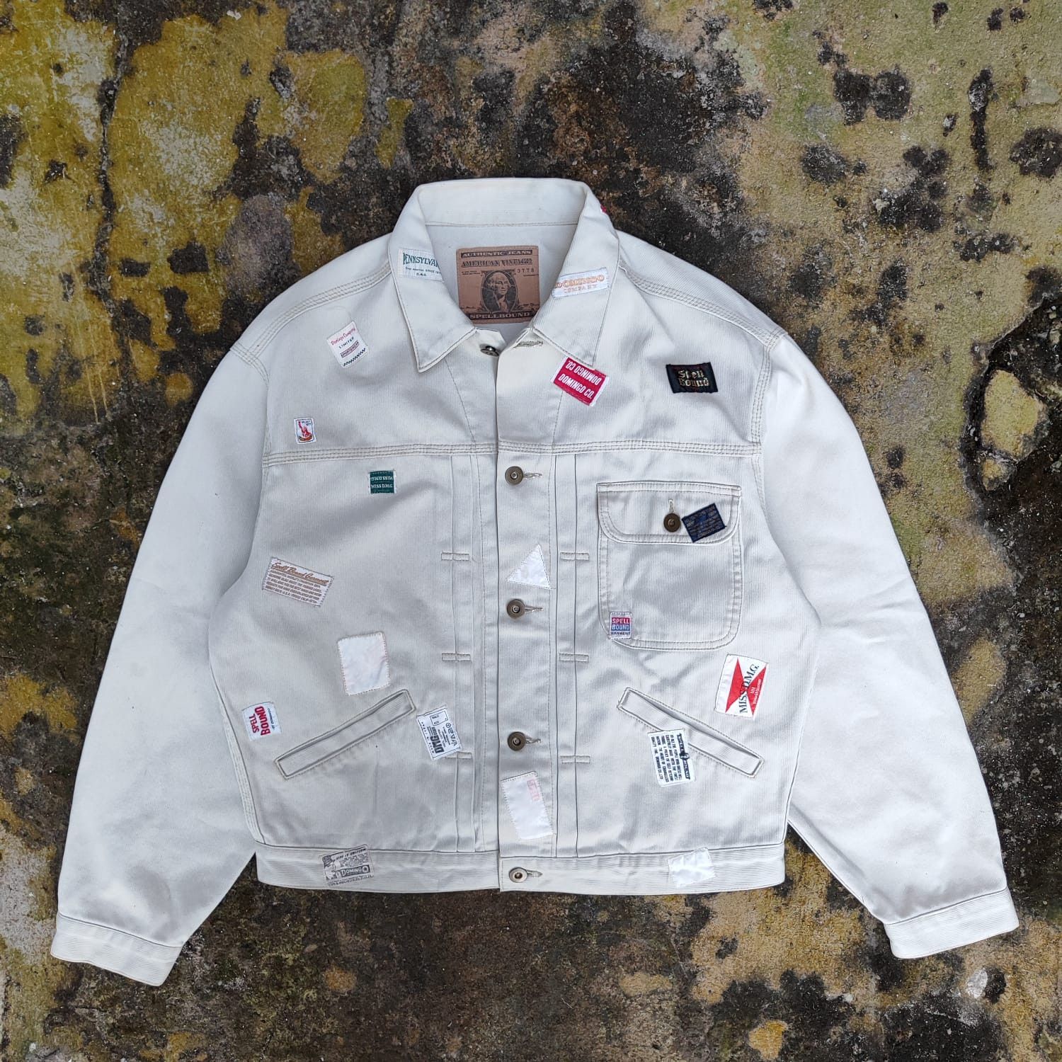 image of Vintage Spellbound Denim Jacket Button Fly With Buckle Back in Cream, Men's (Size Medium)