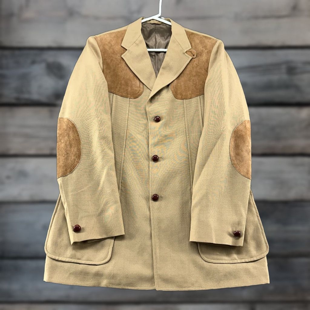 Eddie Bauer VINTAGE Eddie Bauer Jacket Mens 40L Long Beige Brown Blazer Sport Coat Leather Suede Overcoat Western Outdoor 70s Mens Size 40R - 1 Thumbnail