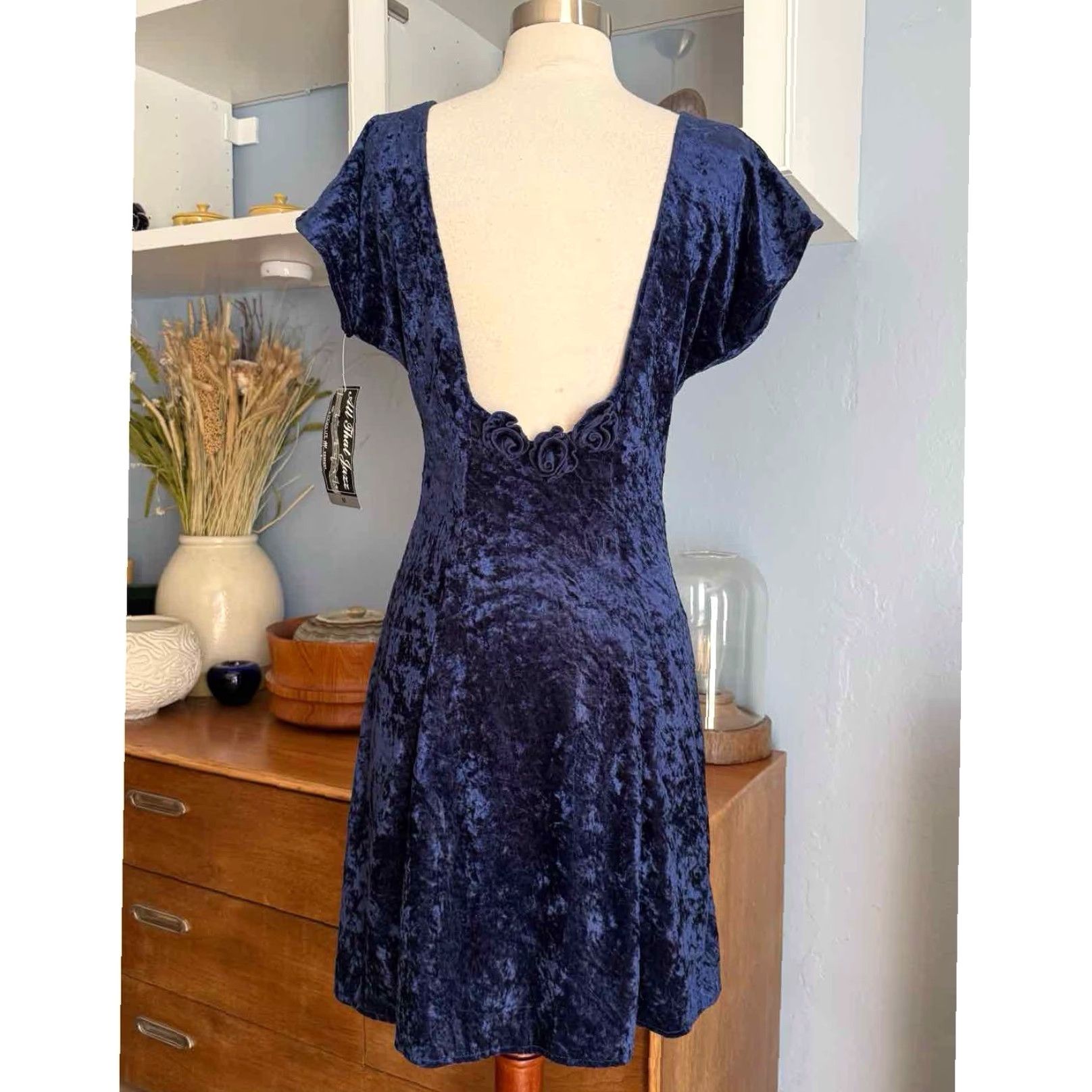 Vintage VINTAGE All That Jazz Dress Whimsygoth 90s Blue Crushed Velvet Mini Fit & Flare Short Sleeve Size M / US 6-8 / IT 42-44 - 4 Thumbnail
