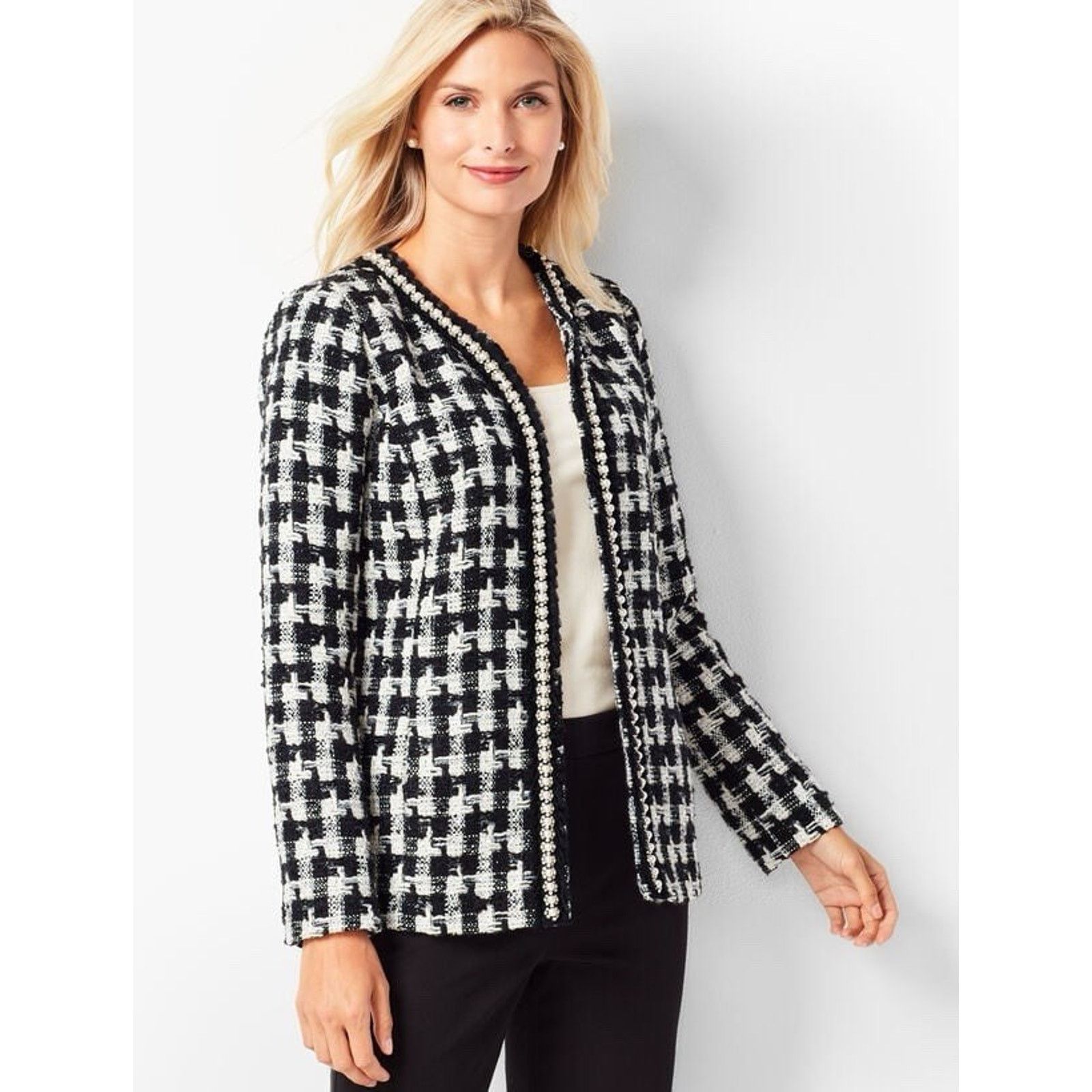 Talbots Talbots Houndstooth Black White Pearl Trim Tweed Blazer 14 Size XL / US 12-14 / IT 48-50 - 1 Thumbnail