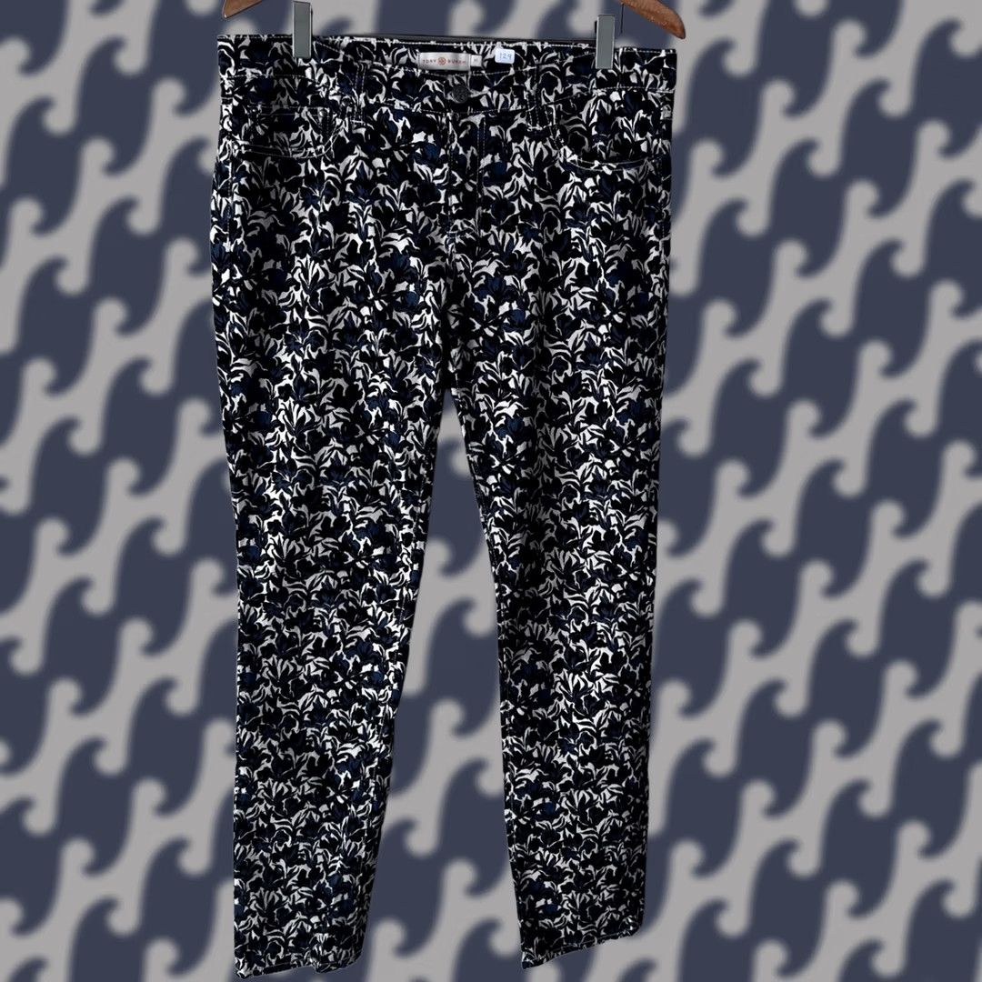 Tory Burch Tory Burch Navy White Floral Print Skinny Pants Stretch Cotton Size 31 Size 24" / US 00 / IT 34 - 1 Thumbnail