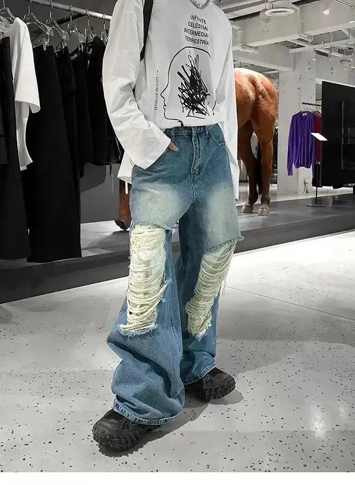 Japanese Brand Baggy distressed ripped wide leg y2k jeans Size US 34 / EU 50 - 4 Thumbnail