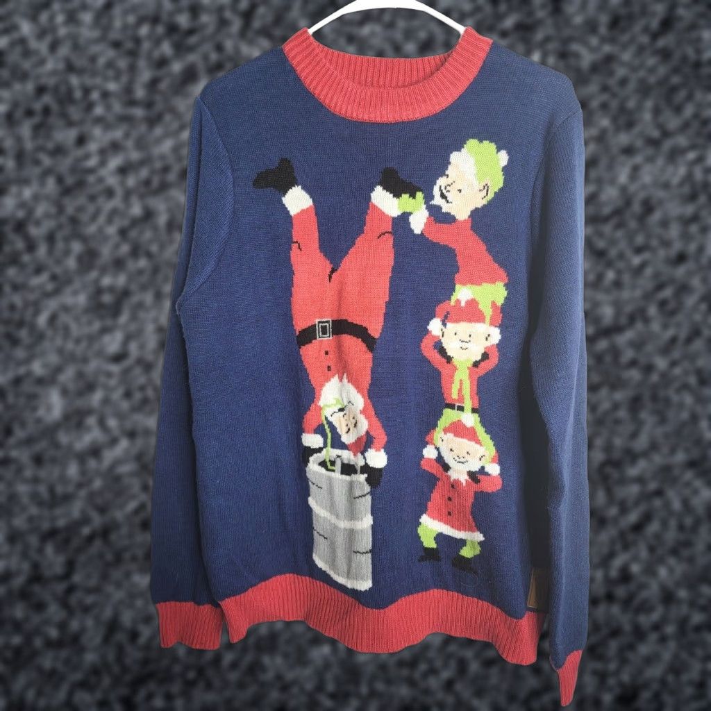 Vintage Tipsy Elves Mens M Christmas Sweater Santa Keg Stand Pullover Blue Long Sleeve Knit Tight-Knit Shirt Mens Christmas Size US M / EU 48-50 / 2 - 1 Thumbnail