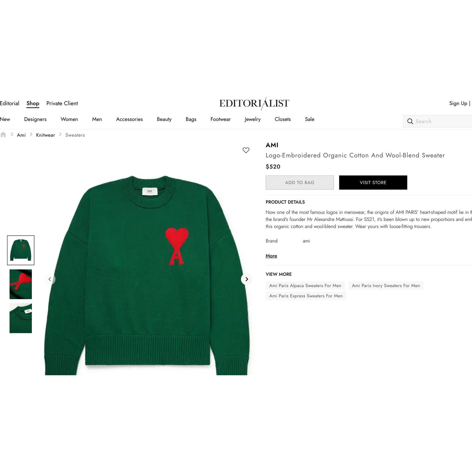 AMI AMI Alexandre Mattiussi Green Oversize Ami De Coeur Sweater Size US L / EU 52-54 / 3 - 9 Thumbnail