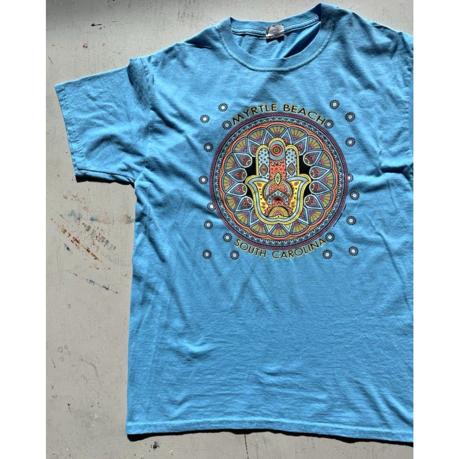 Jerzees VINTAGE Jerzees T-Shirt Turquoise Logo Myrtle Beach SC 80s 90s Men’s M Cotton Blend Embroidered Logo Graphic Circle Mythical Beach Size US M / EU 48-50 / 2 - 5 Thumbnail