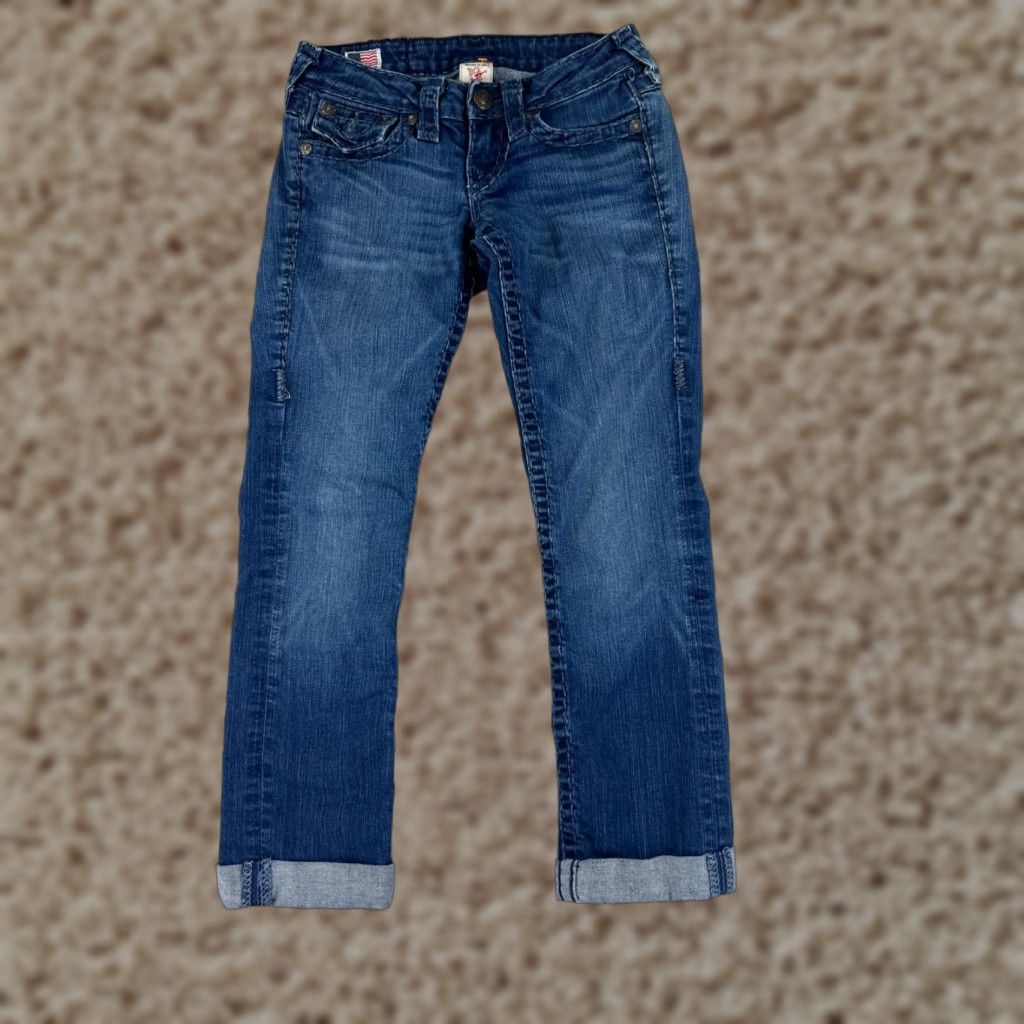 True Religion True Religion Billy Jeans Women 24 Blue Denim Medium Wash Distressed Flared 5-Pocket Regular Waist 24 Inseam 24 Size 42" / US 20 - 1 Thumbnail