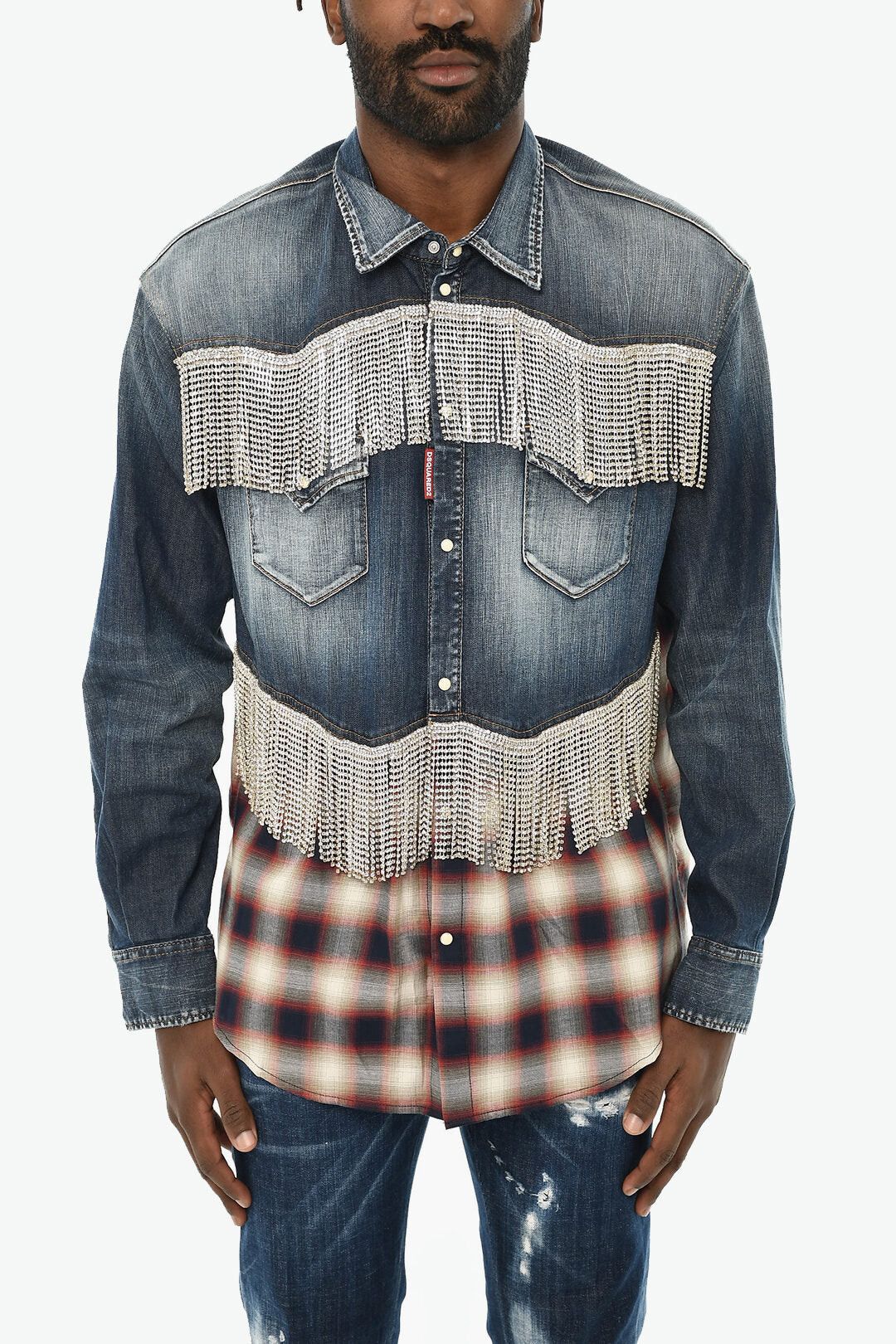 Dsquared2 Double-Fabric Shirt with Strass Size US S / EU 44-46 / 1 - 1 Thumbnail