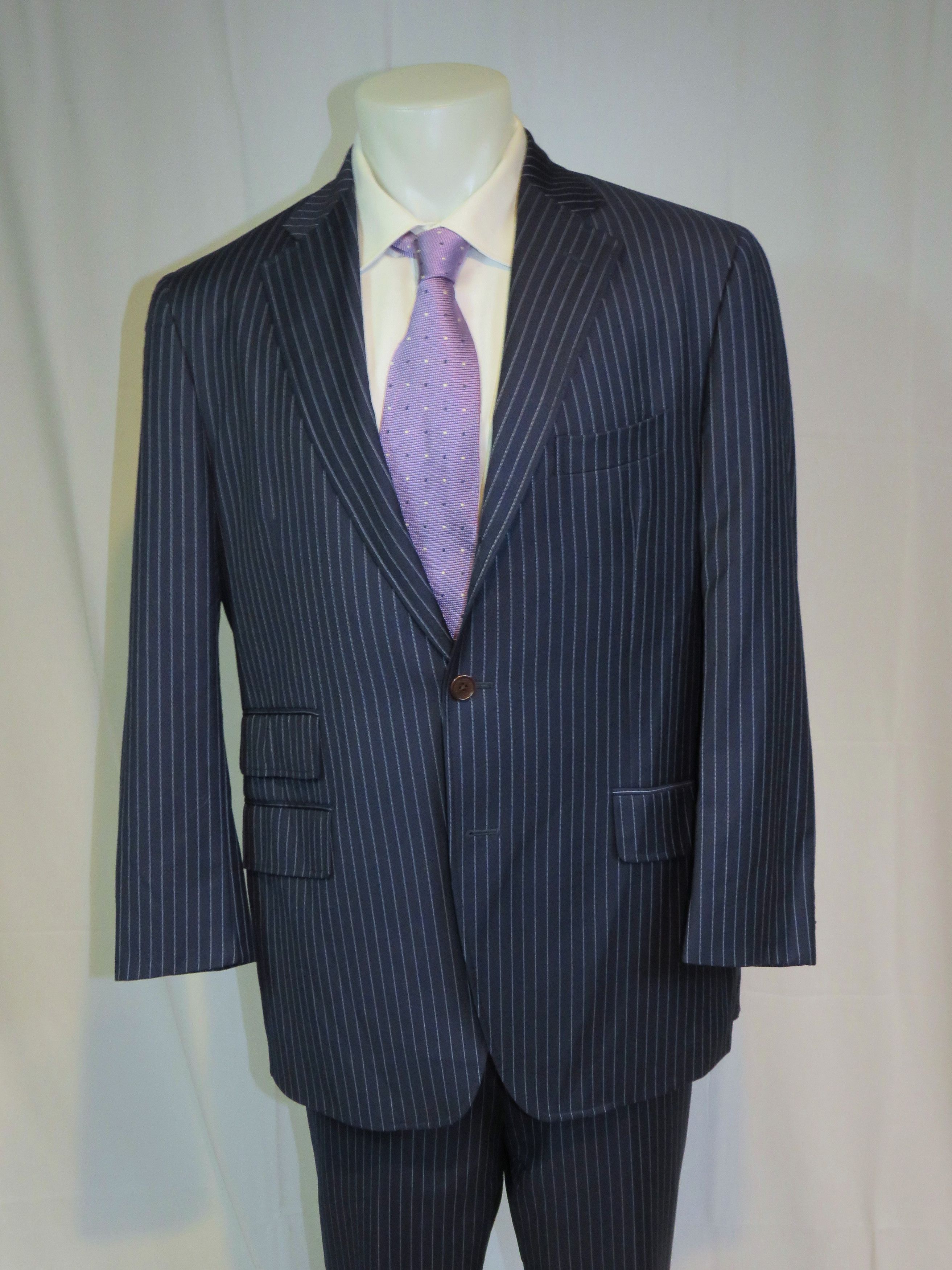 Etro Navy Blue Striped Flat Front Three Roll Two Suit 44 Size 44R - 3 Thumbnail