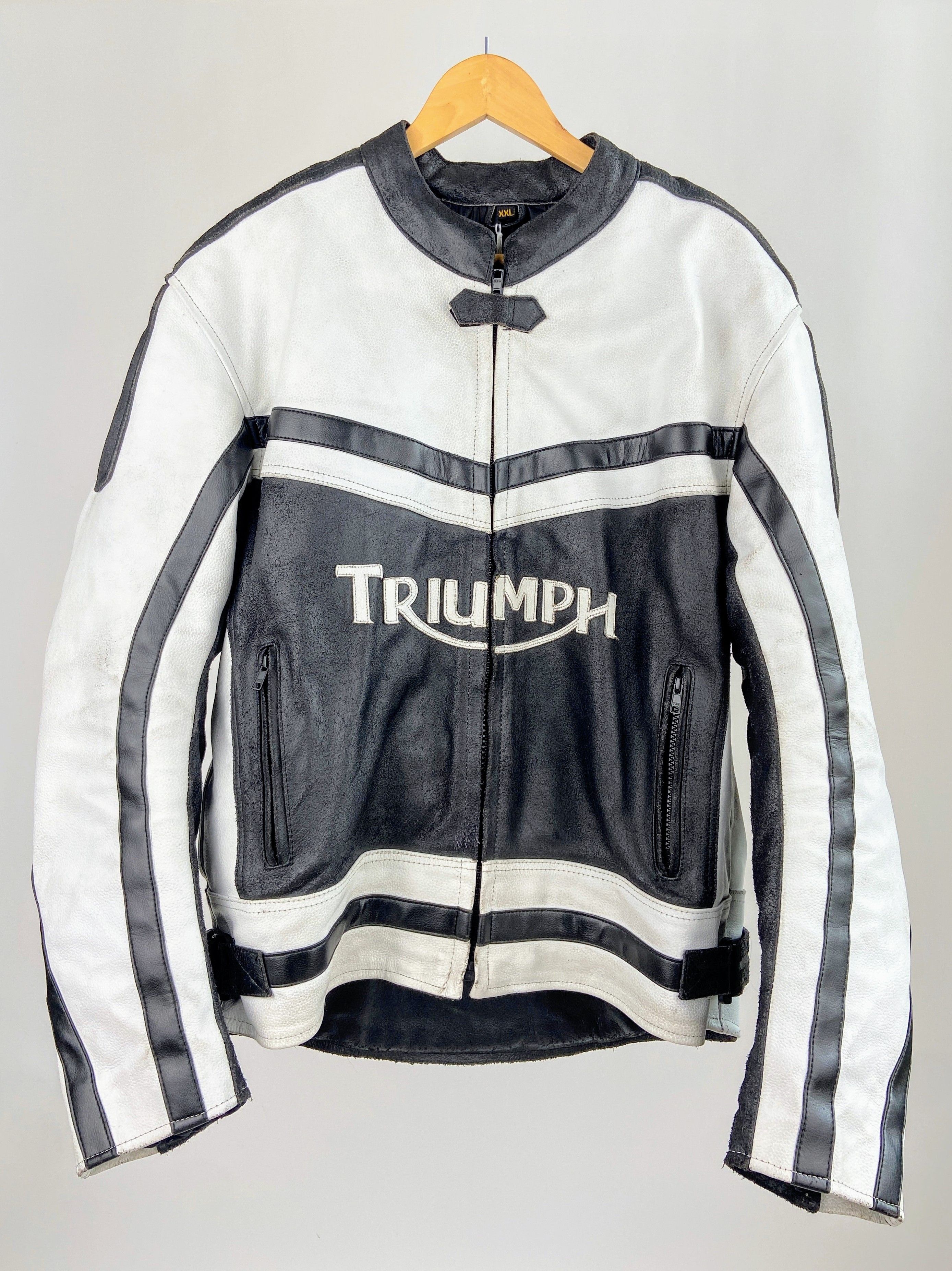 image of Triumph Motorcycle Leather Jacket Streetwear Biker in Black/White, Men's (Size Medium)