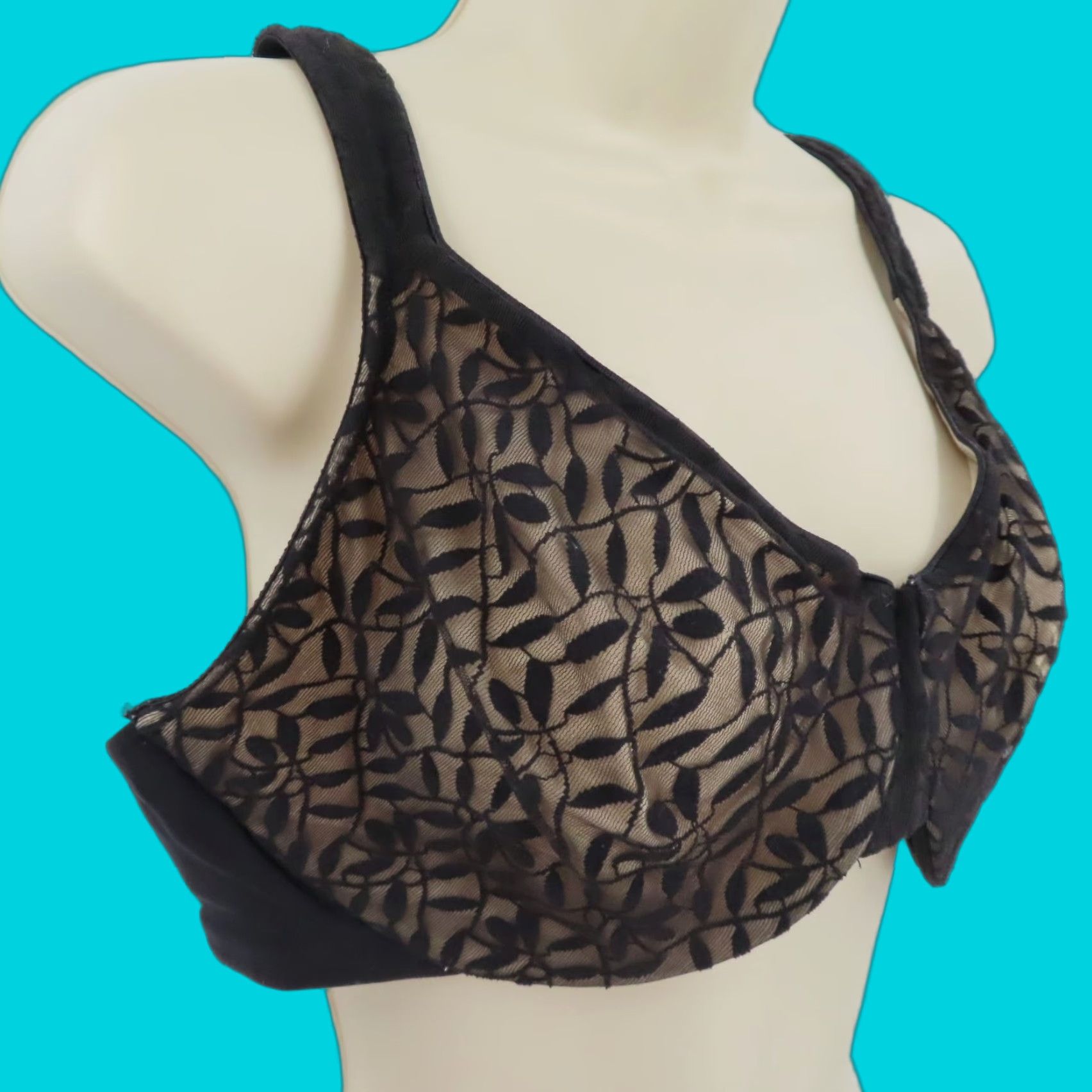 Vintage Olga 42D Bra Black Leaves Lace Full Figure Coverage Minimizer ...