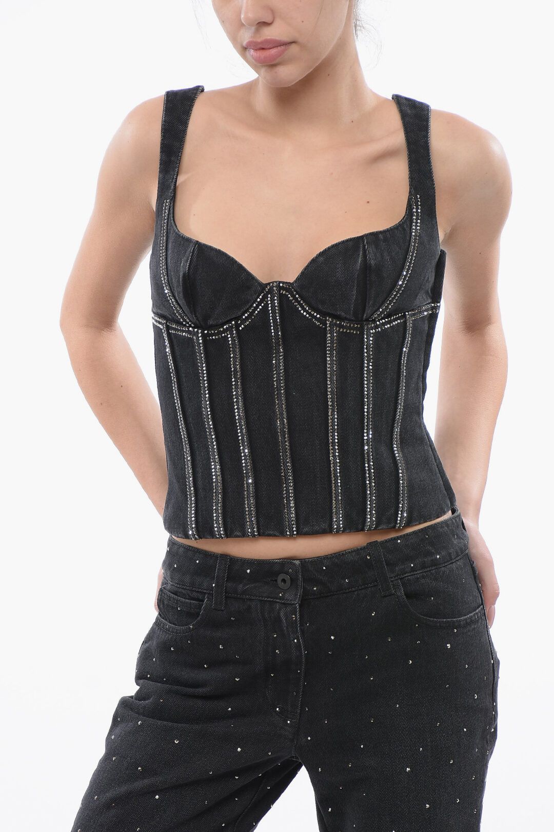 Off-White og1mm1125 Rhinestoned Denim Bling Bustier Top in Black Size M / US 6-8 / IT 42-44 - 1 Thumbnail