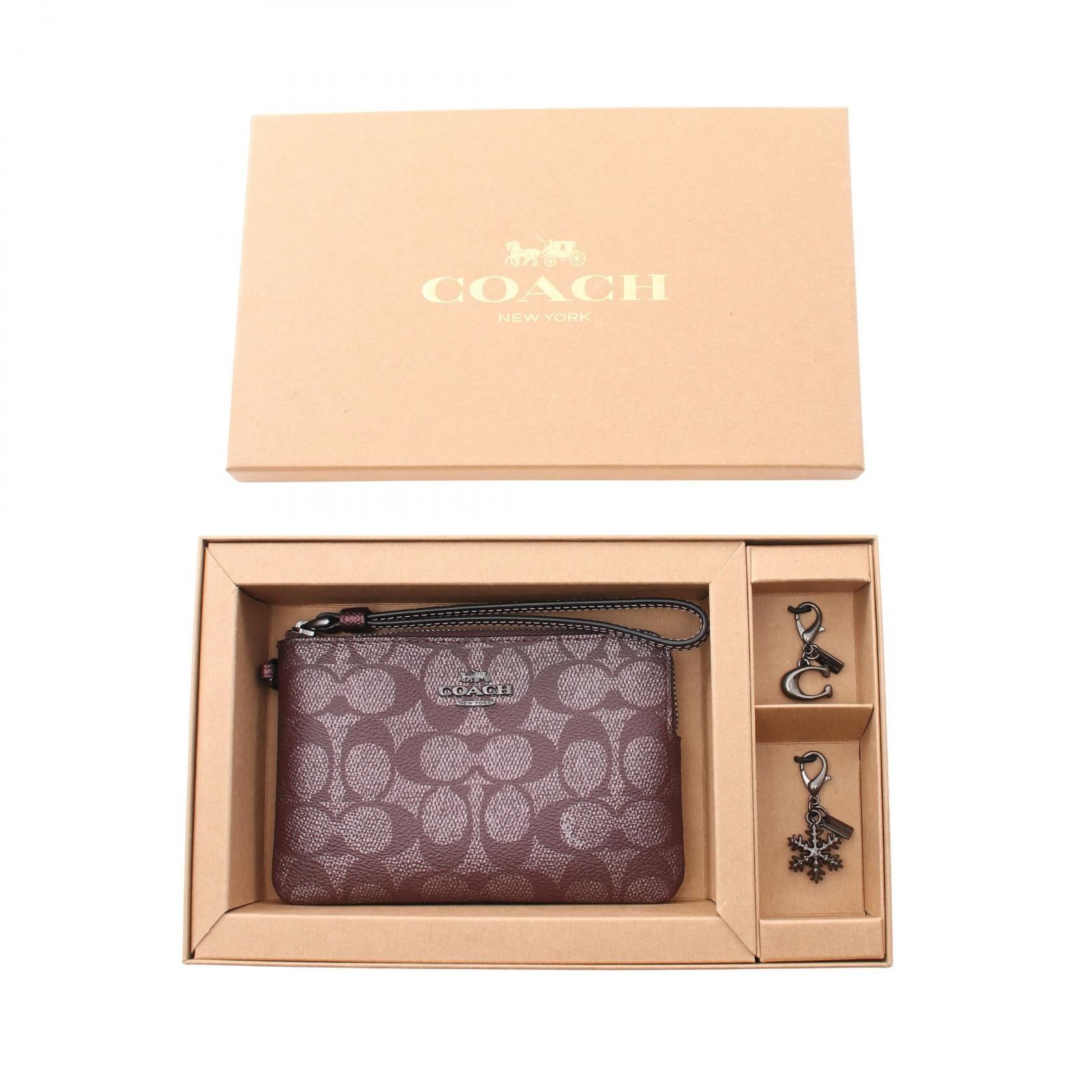 Coach Signature Corner Zip Wristlet Pouch Leather Bordeaux Charm Set