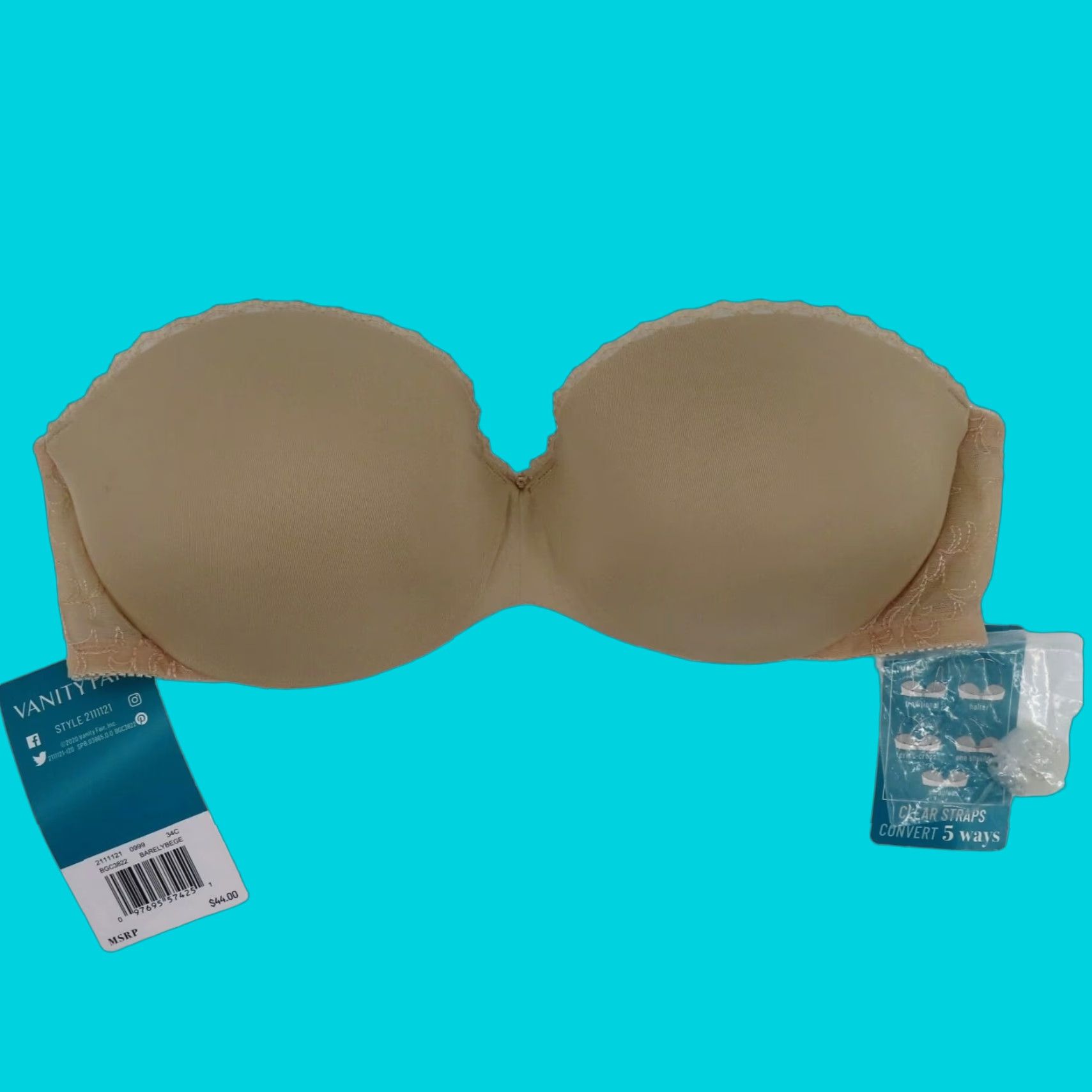 Vintage Vanity Fair 34C Bra Gel Touch Strapless Convertible Underwire NEW Beige Solid Women Size ONE SIZE - 1 Thumbnail