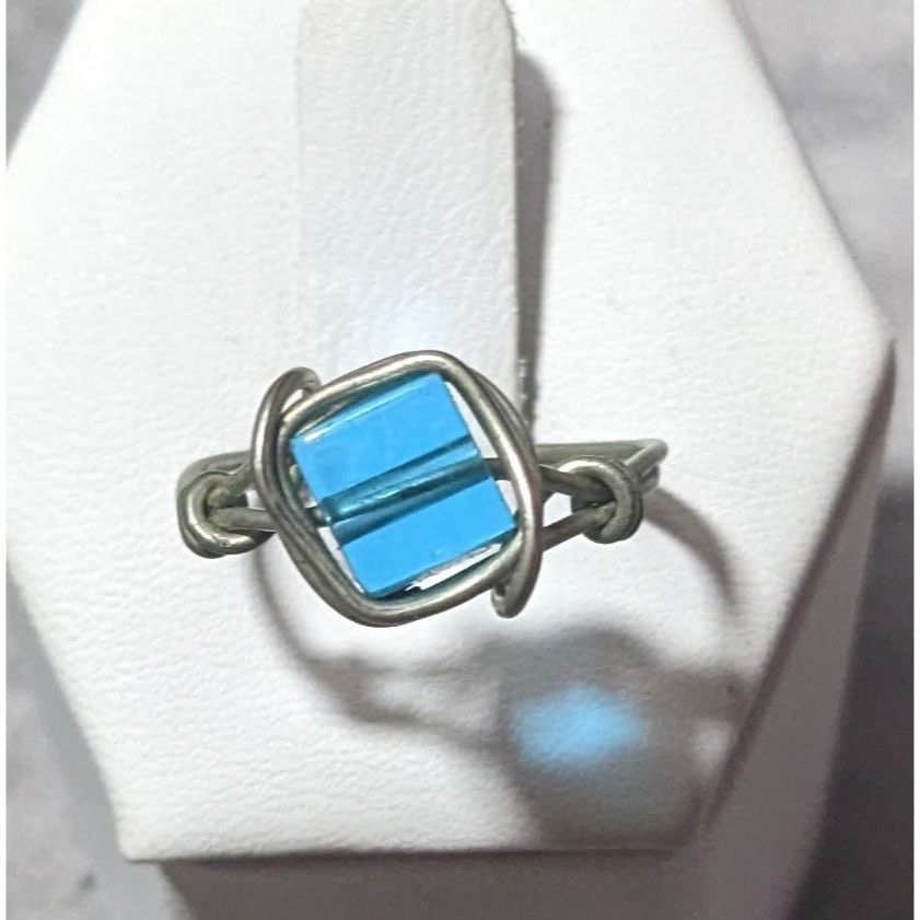 Other Blue And Silver Tone Wire Wrapped Handmade Glass Beaded Ring Size ONE SIZE - 1 Thumbnail