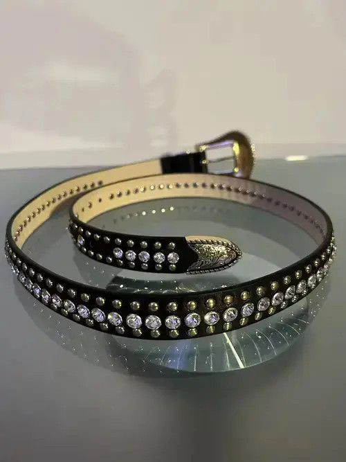 Other Y2K Buckle Rhinestone Belt (black+gold) Size 32 - 1 Thumbnail