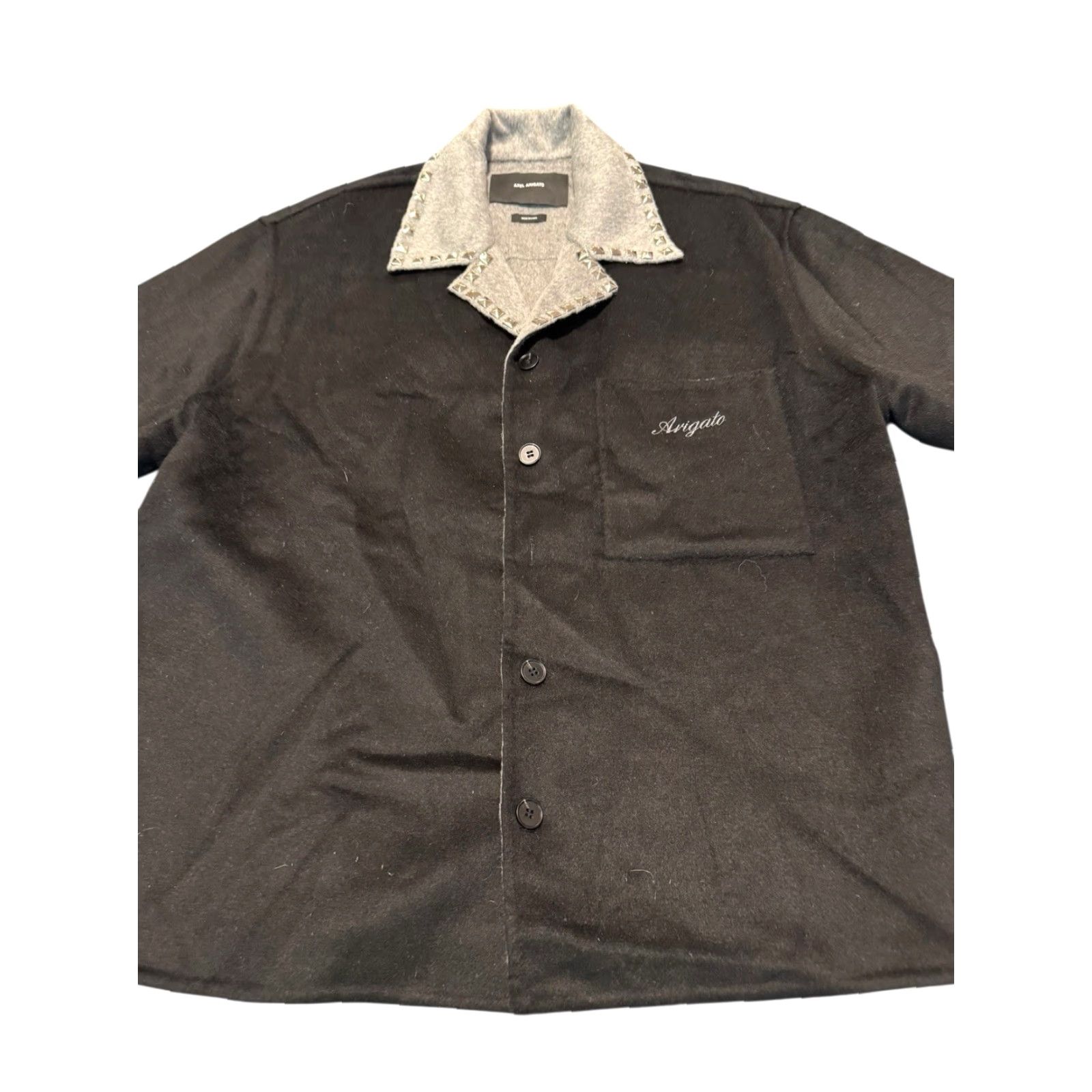 Axel Arigato AXEL ARIGATO Mens Shirt Holiday Dusty Black/ Grey Short Sleeve Wool Blend M Regular Button-Up Chest Pocket Casual Travel 80s Shirt Mens Size US M / EU 48-50 / 2 - 7 Thumbnail